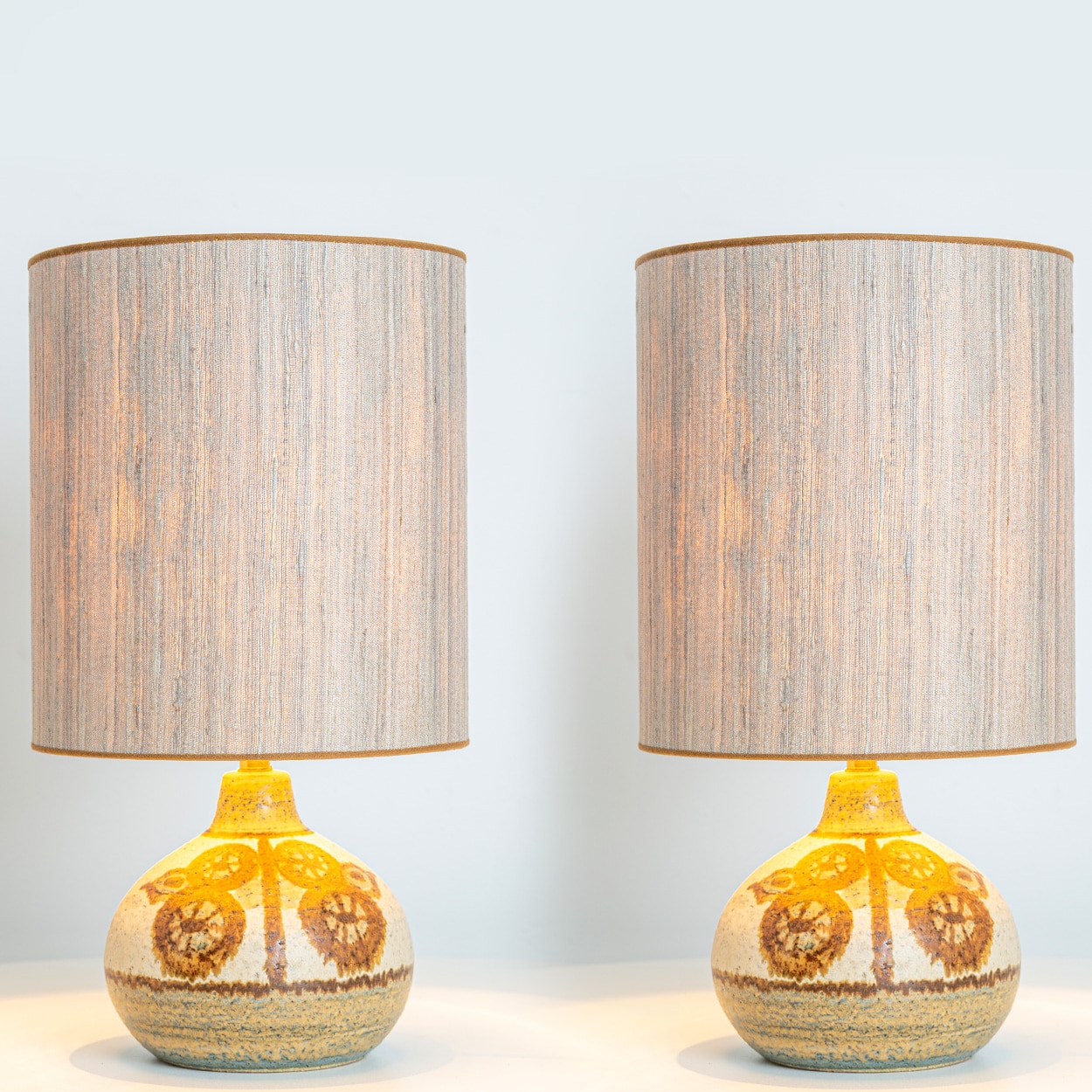 Pair of Soholm Ceramic Table Lamps with Silk Shade Backhausen, Denmark 1960s