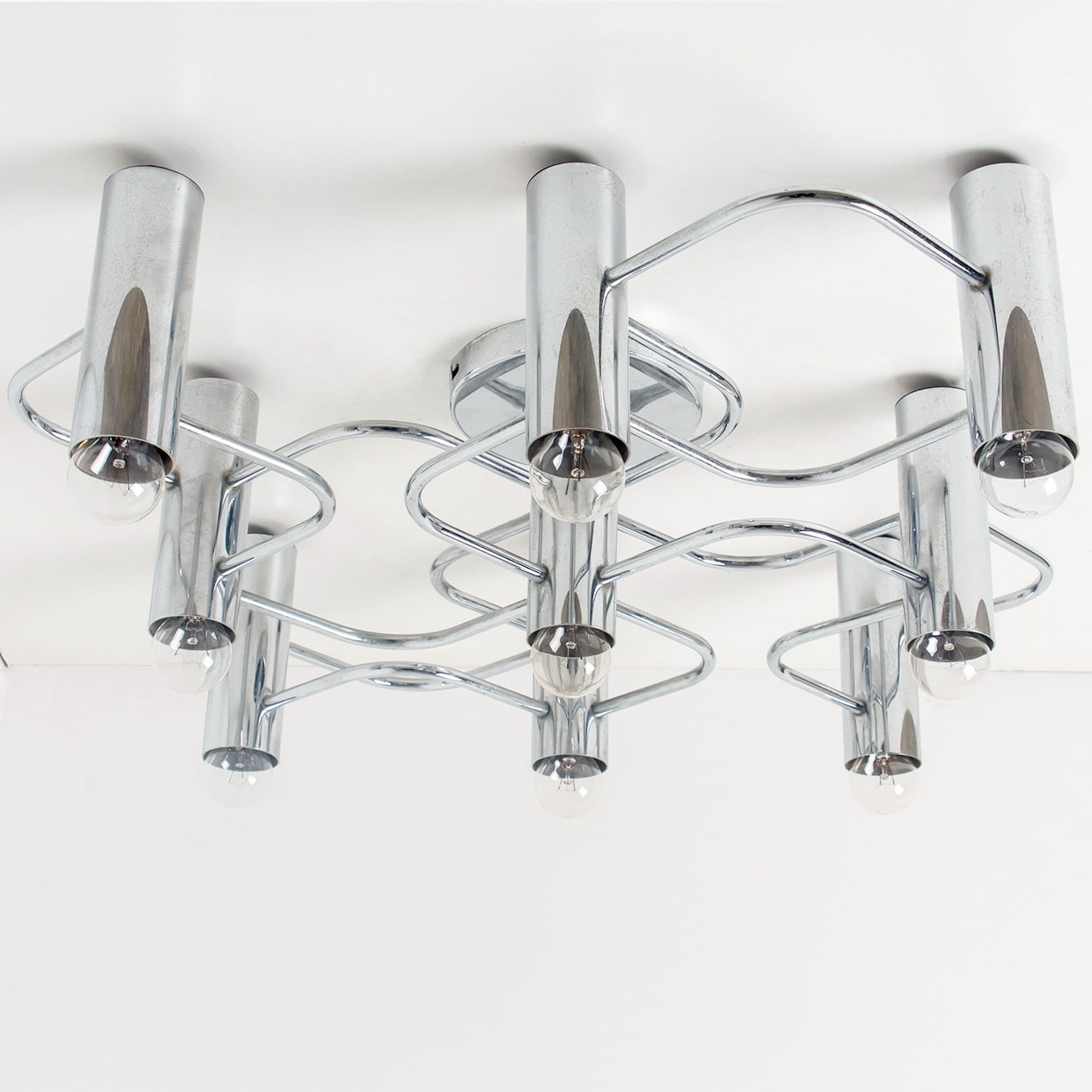 Geometric Silver Chrome Leola Flush Mount, Gaetano Sciolari 1970s