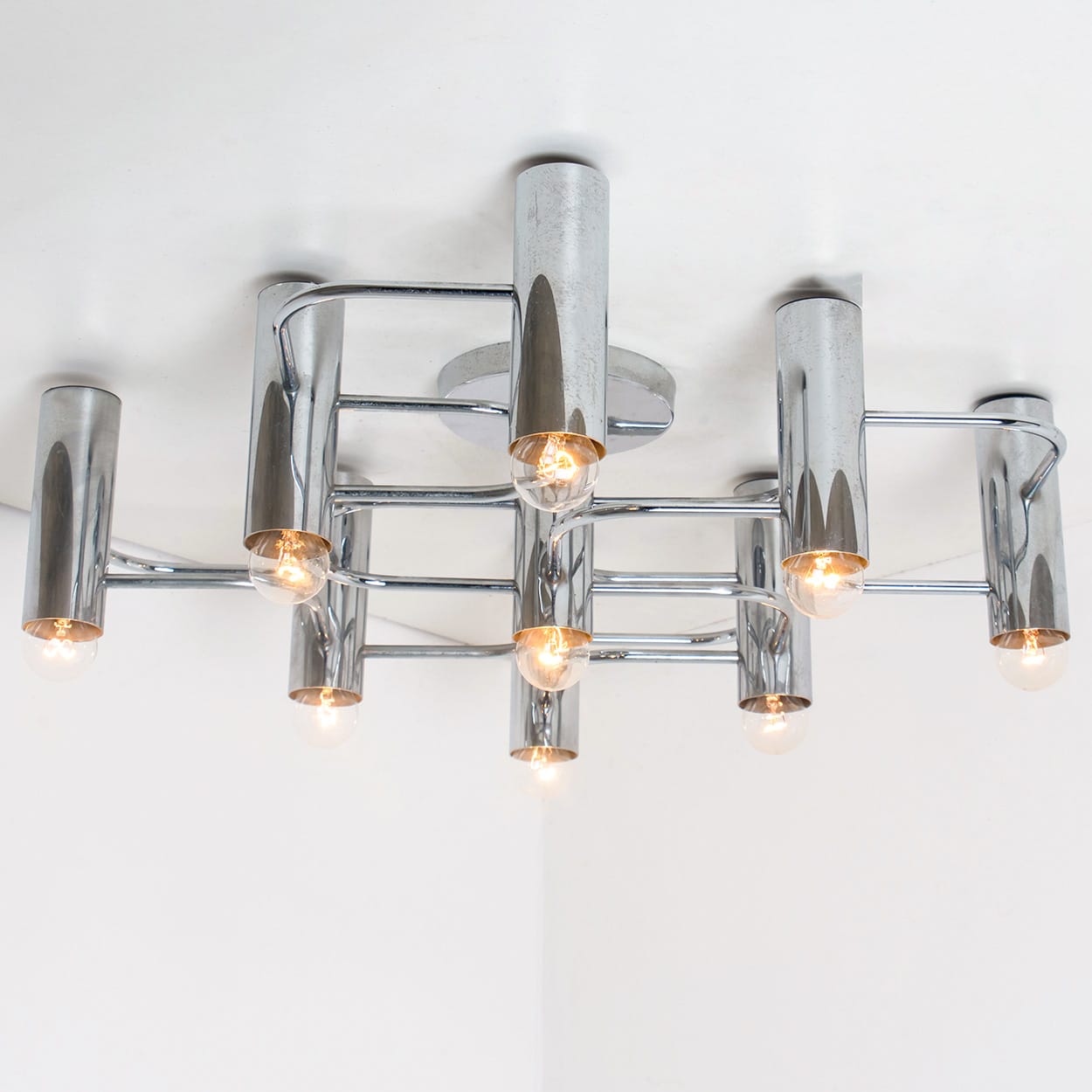 Geometric Silver Chrome Leola Flush Mount, Gaetano Sciolari 1970s