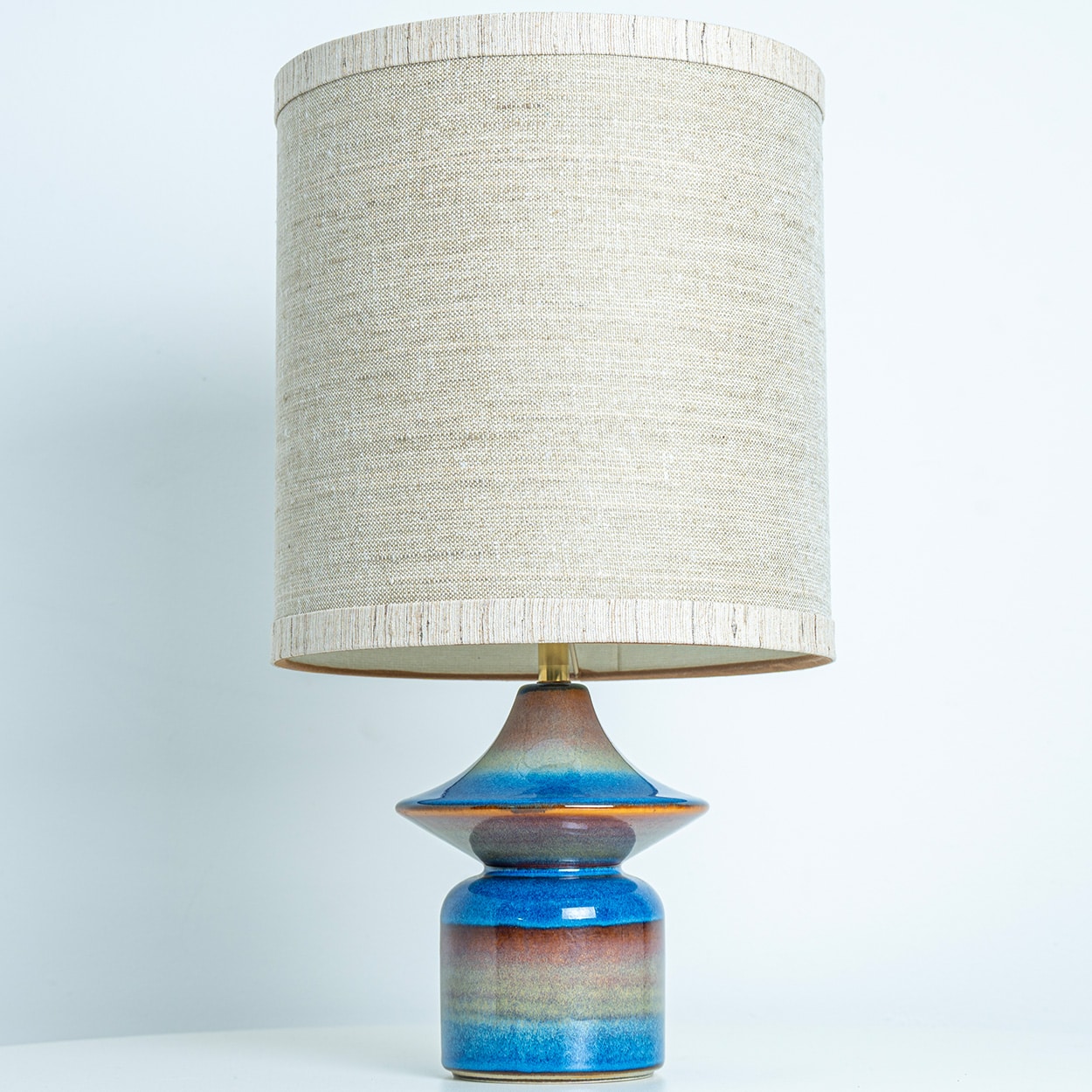 Pair of Blue Ceramic Table Lamps by Soholm, Silk Lampshade, Denmark 1960s