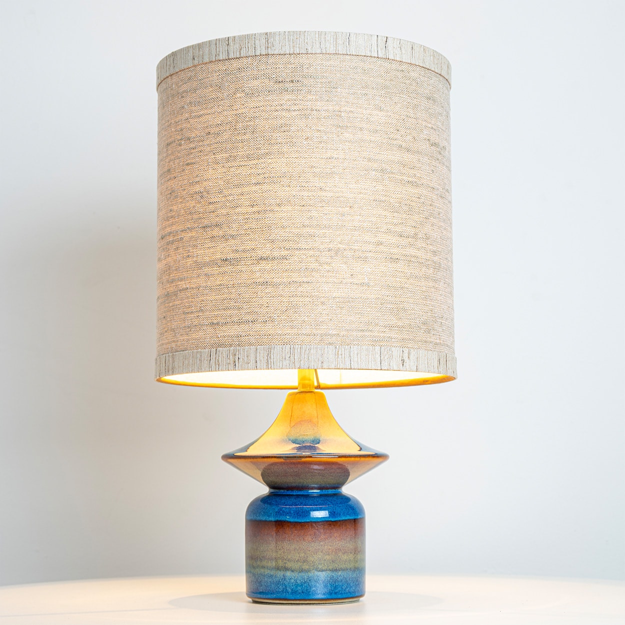 Pair of Blue Ceramic Table Lamps by Soholm, Silk Lampshade, Denmark 1960s