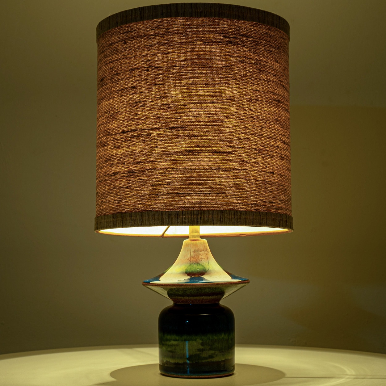 Pair of Blue Ceramic Table Lamps by Soholm, Silk Lampshade, Denmark 1960s