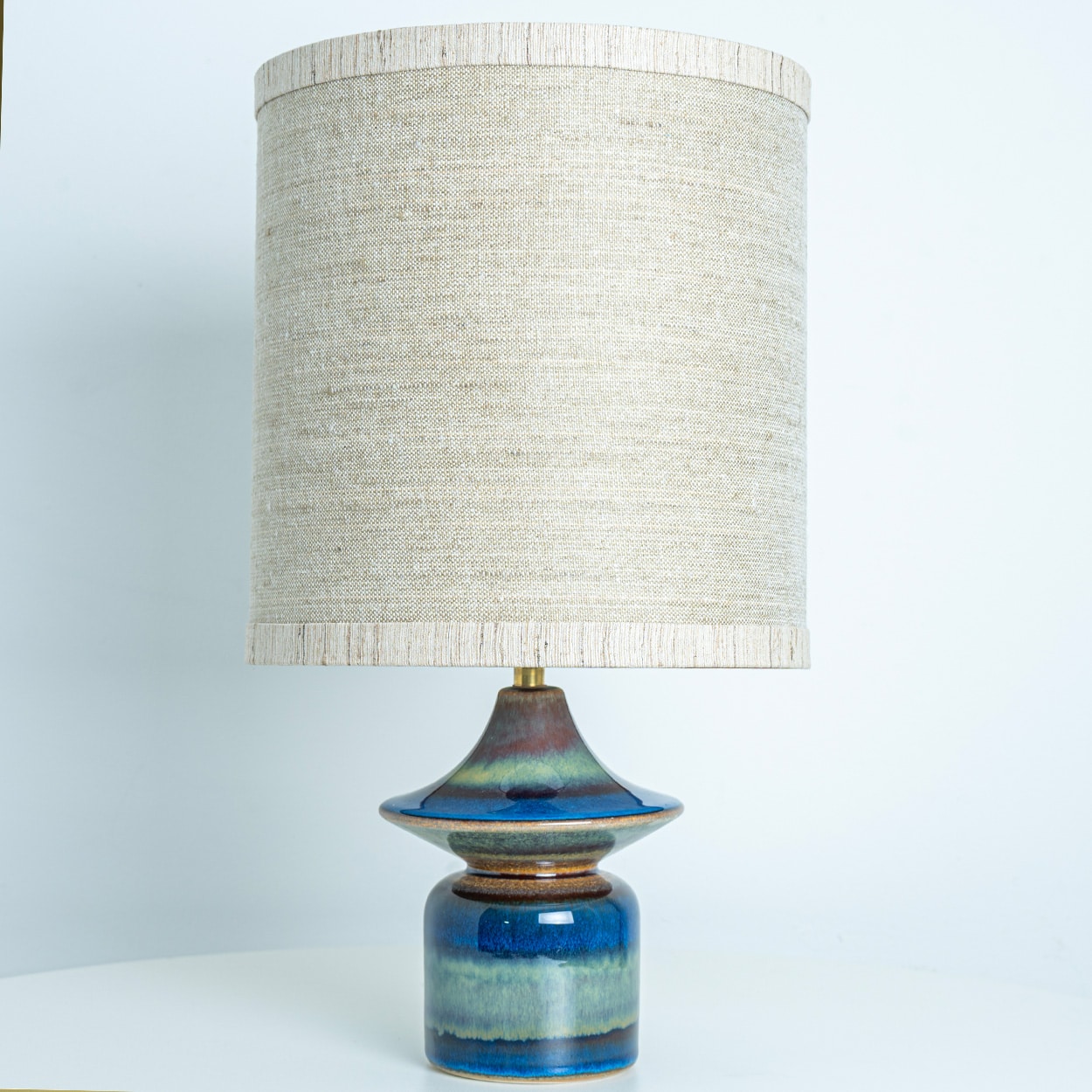 Pair of Blue Ceramic Table Lamps by Soholm, Silk Lampshade, Denmark 1960s