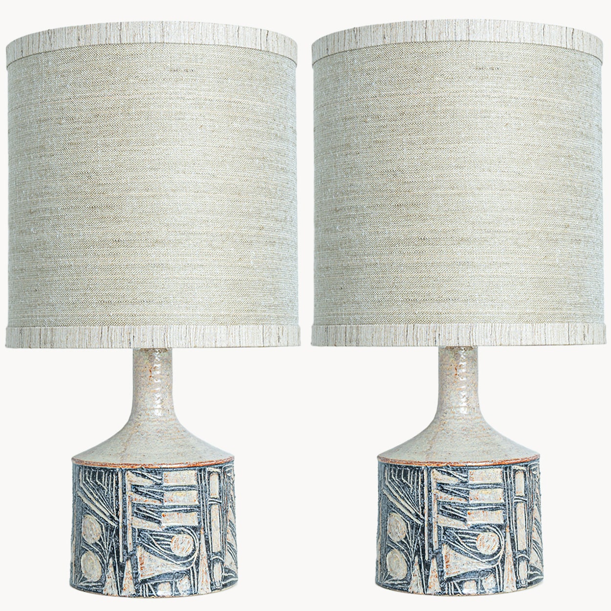 Pair of Large Grey Ceramic Table Lamps for Soholm with Silk Shade, Denmark 1960