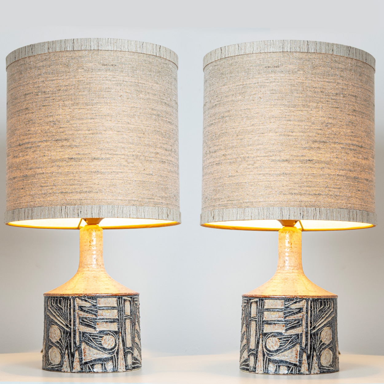 Pair of Large Grey Ceramic Table Lamps for Soholm with Silk Shade, Denmark 1960