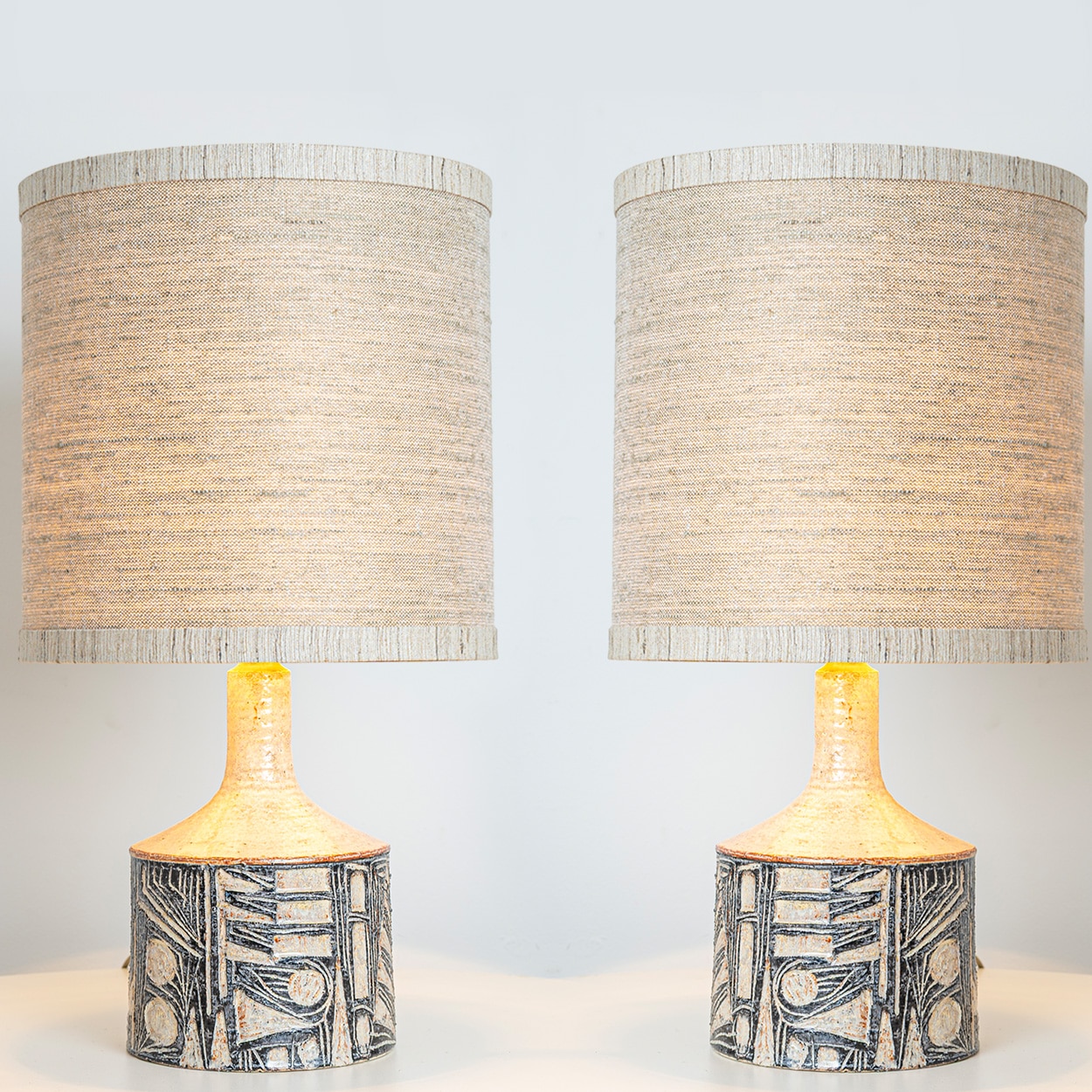Pair of Large Grey Ceramic Table Lamps for Soholm with Silk Shade, Denmark 1960