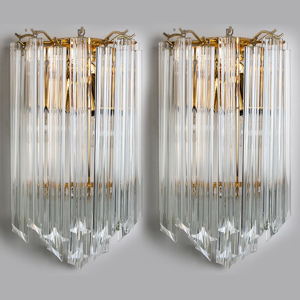 1 of the 3 Venini Style Triedroglass Clear Gold Glass Brass Sconces
