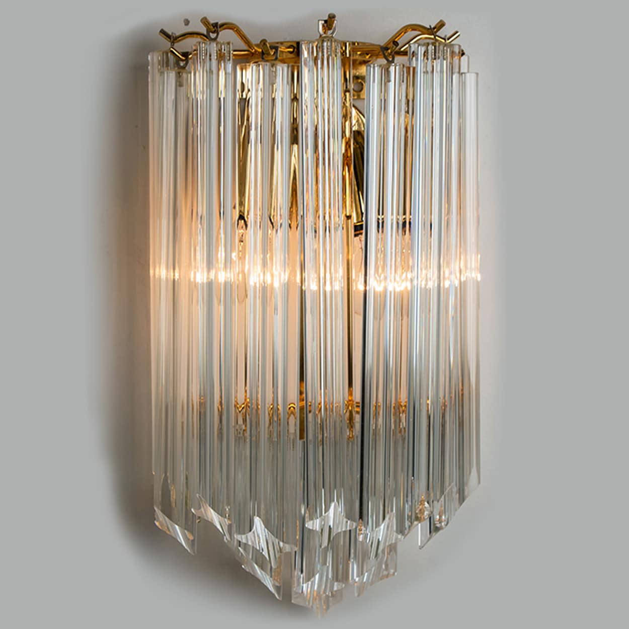 1 of the 3 Venini Style Triedroglass Clear Gold Glass Brass Sconces