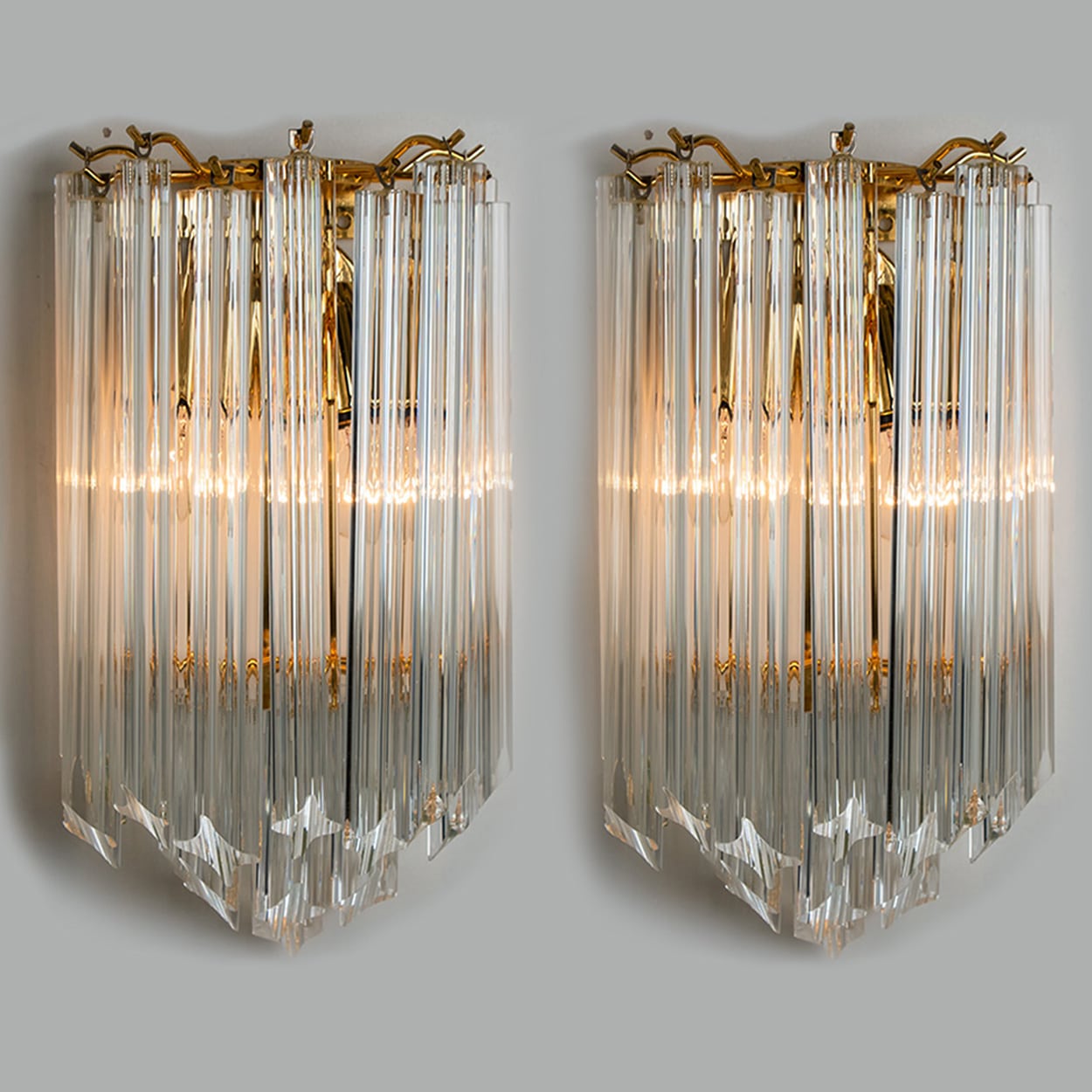 1 of the 3 Venini Style Triedroglass Clear Gold Glass Brass Sconces