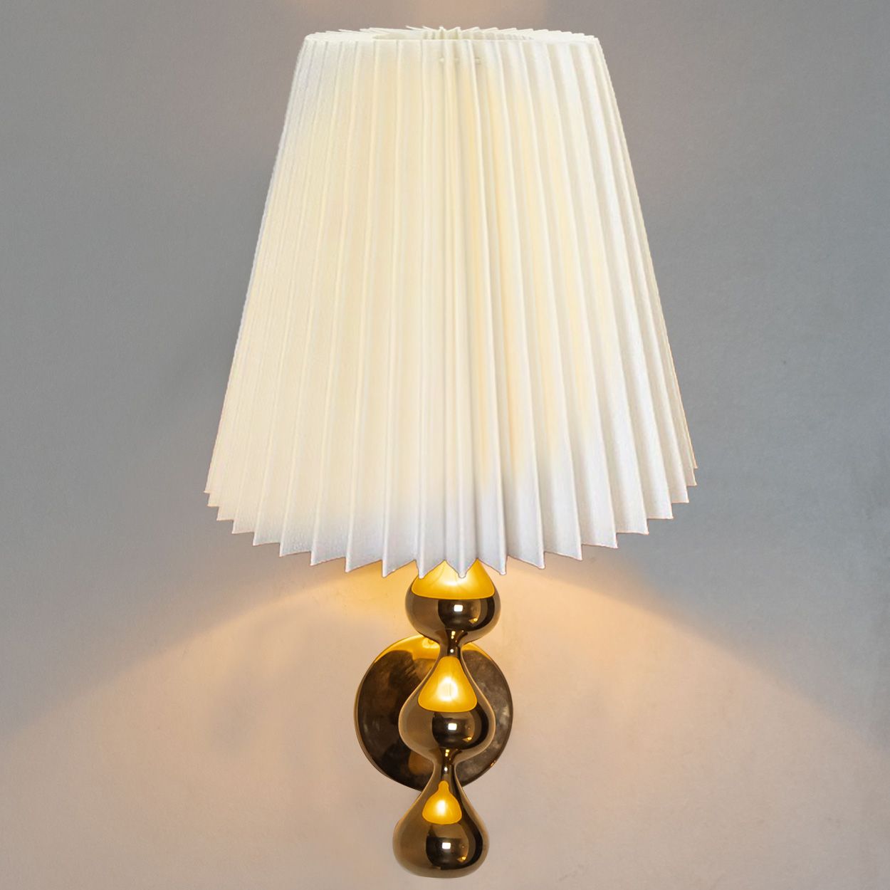 Pair of Asmussen 3 Drops Gold Plated Wall Lights with Pleated Lampshade, Denmark