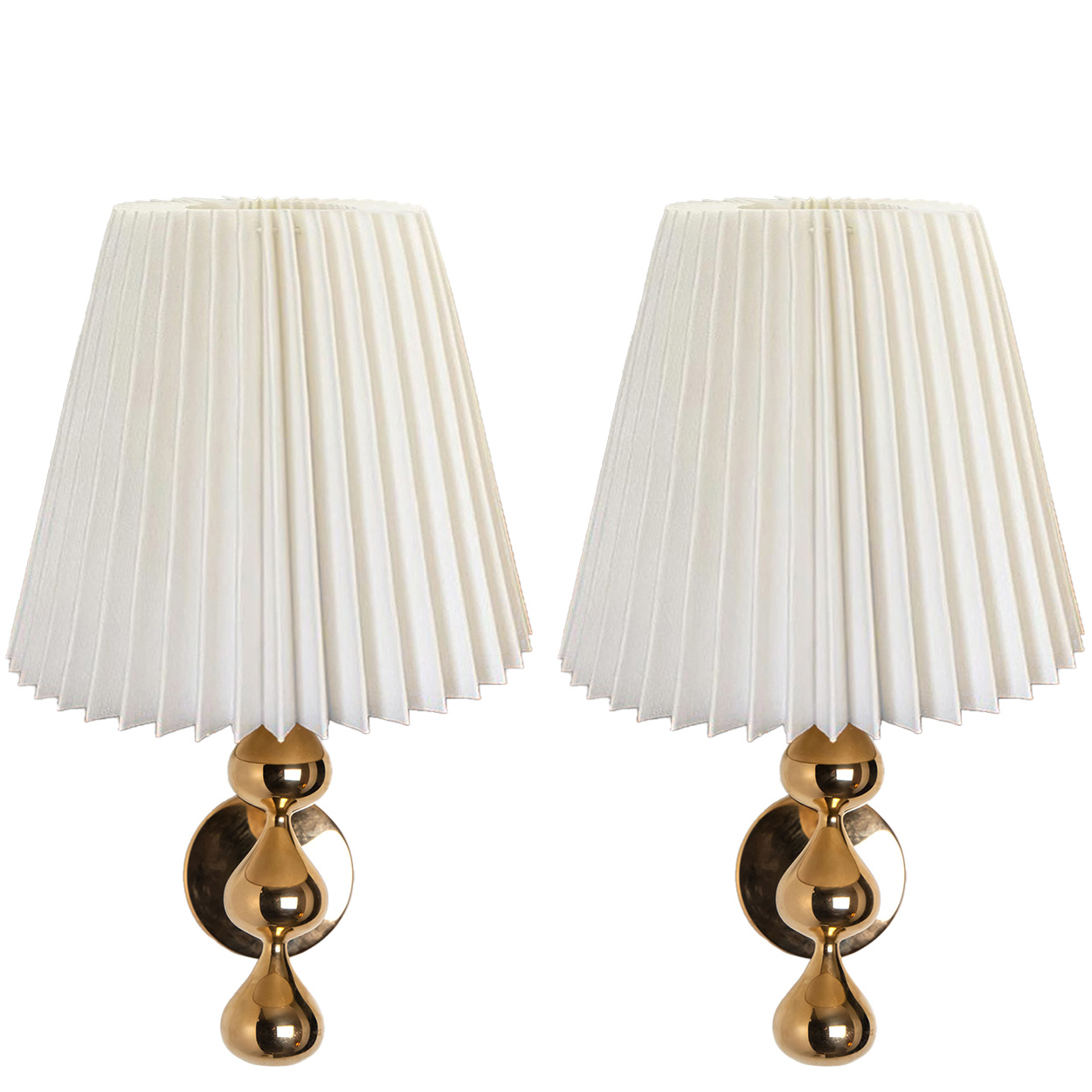 Pair of Asmussen 3 Drops Gold Plated Wall Lights with Pleated Lampshade, Denmark