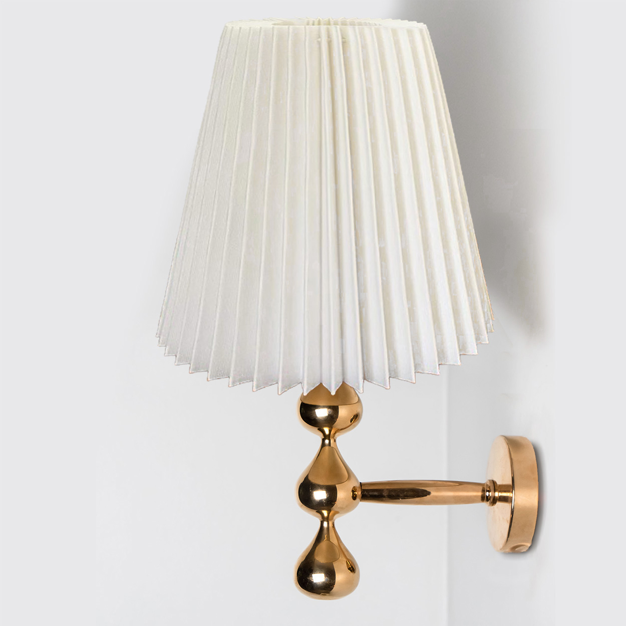 Pair of Asmussen 3 Drops Gold Plated Wall Lights with Pleated Lampshade, Denmark