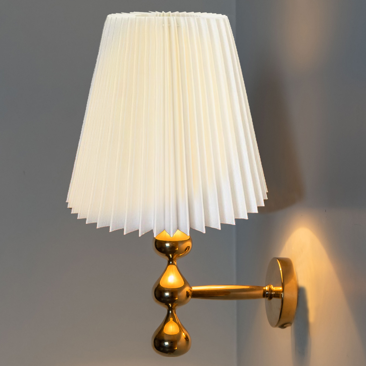 Pair of Asmussen 3 Drops Gold Plated Wall Lights with Pleated Lampshade, Denmark