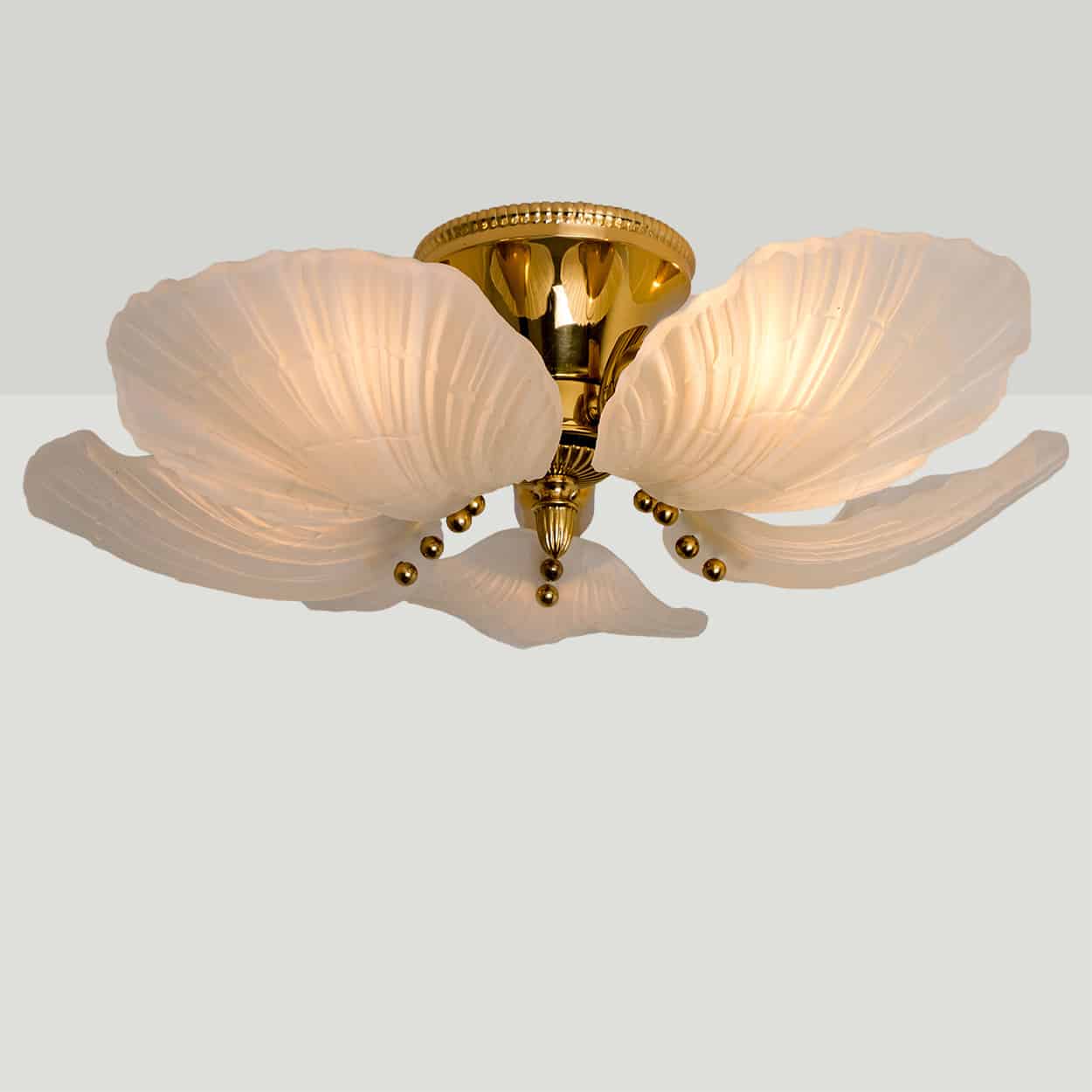 Beautiful Murano Glass and Brass five Leaves Chandelier, 1970s