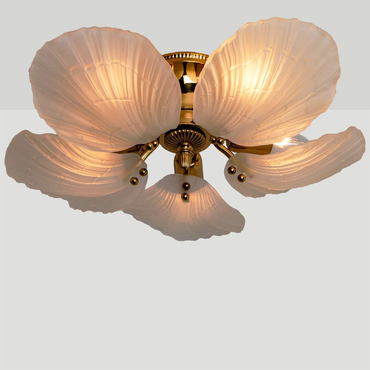 Beautiful Murano Glass and Brass five Leaves Chandelier, 1970s