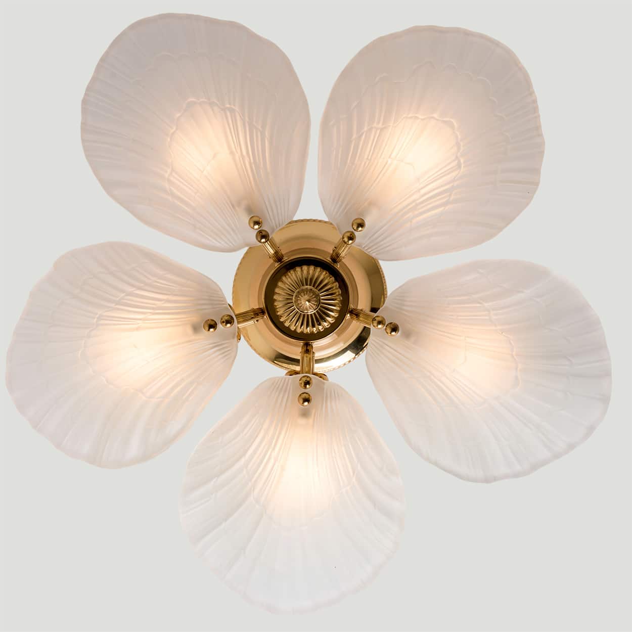 Beautiful Murano Glass and Brass five Leaves Chandelier, 1970s