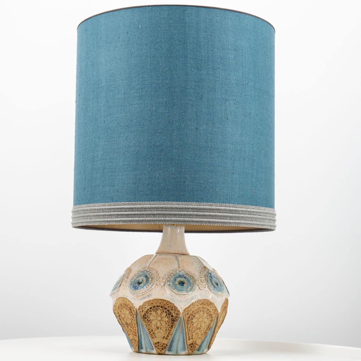 Round Ceramic Table Lamp with Custom Blue Silk Lampshade by René Houben