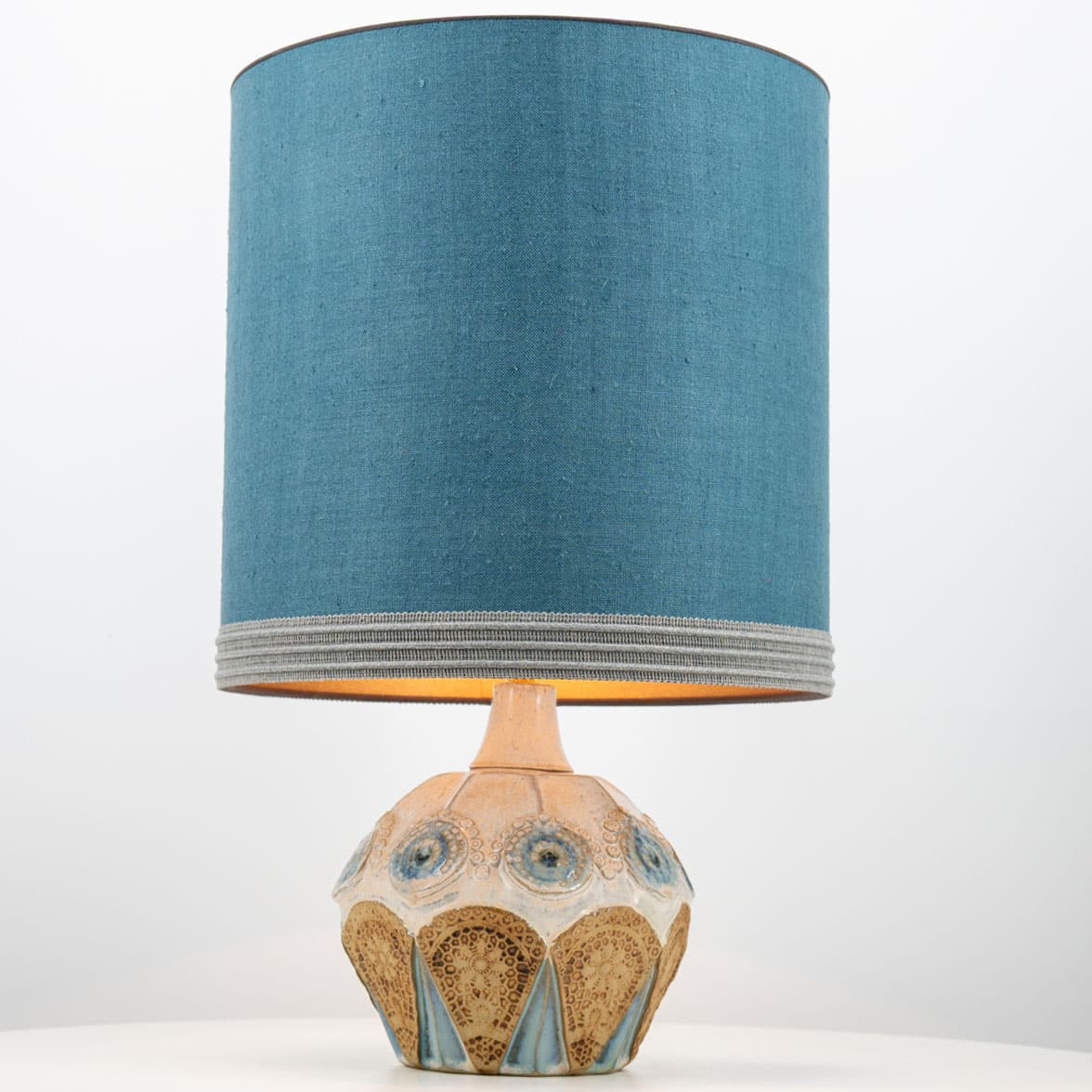 Round Ceramic Table Lamp with Custom Blue Silk Lampshade by René Houben