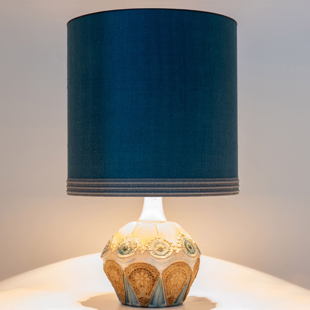 Round Ceramic Table Lamp with Custom Blue Silk Lampshade by René Houben