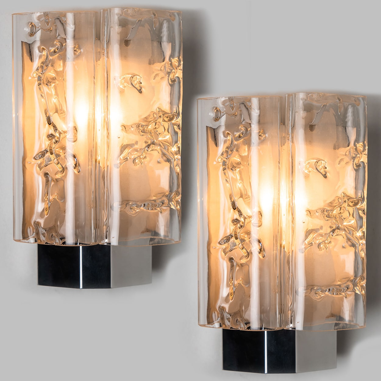 Pair of Structured Ice Glass and Chrome Wall Sconces by Doria, 1970