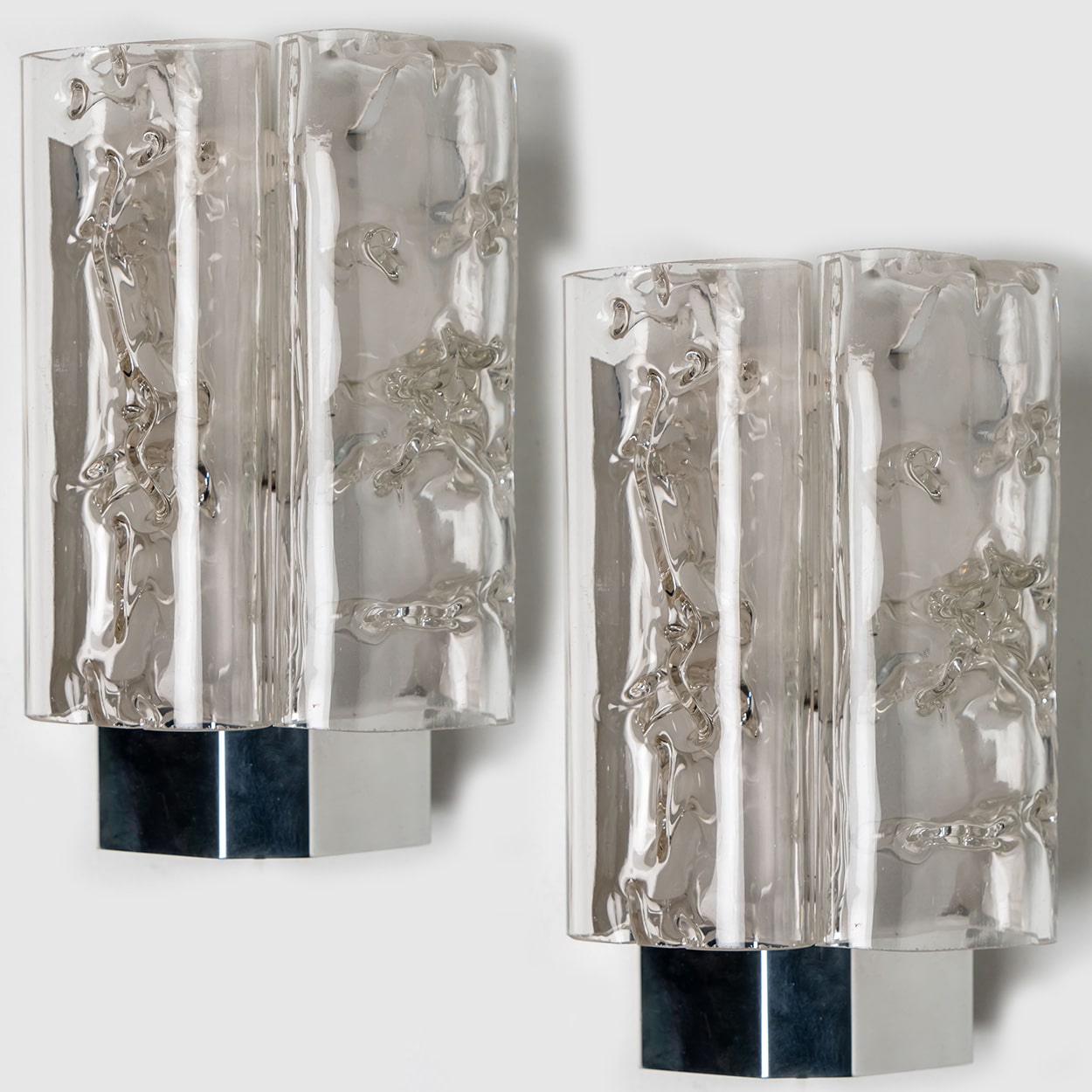 Pair of Structured Ice Glass and Chrome Wall Sconces by Doria, 1970