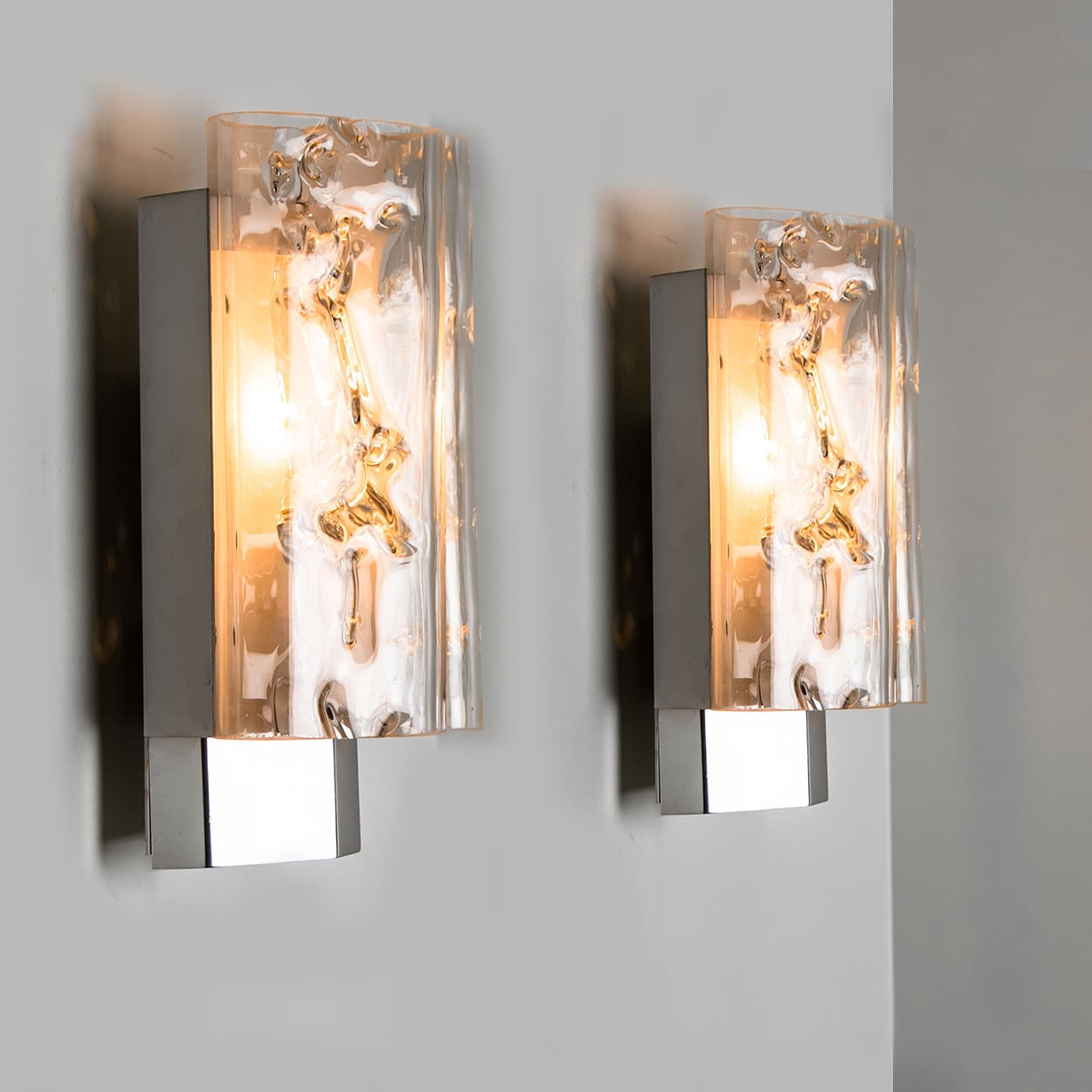 Pair of Structured Ice Glass and Chrome Wall Sconces by Doria, 1970