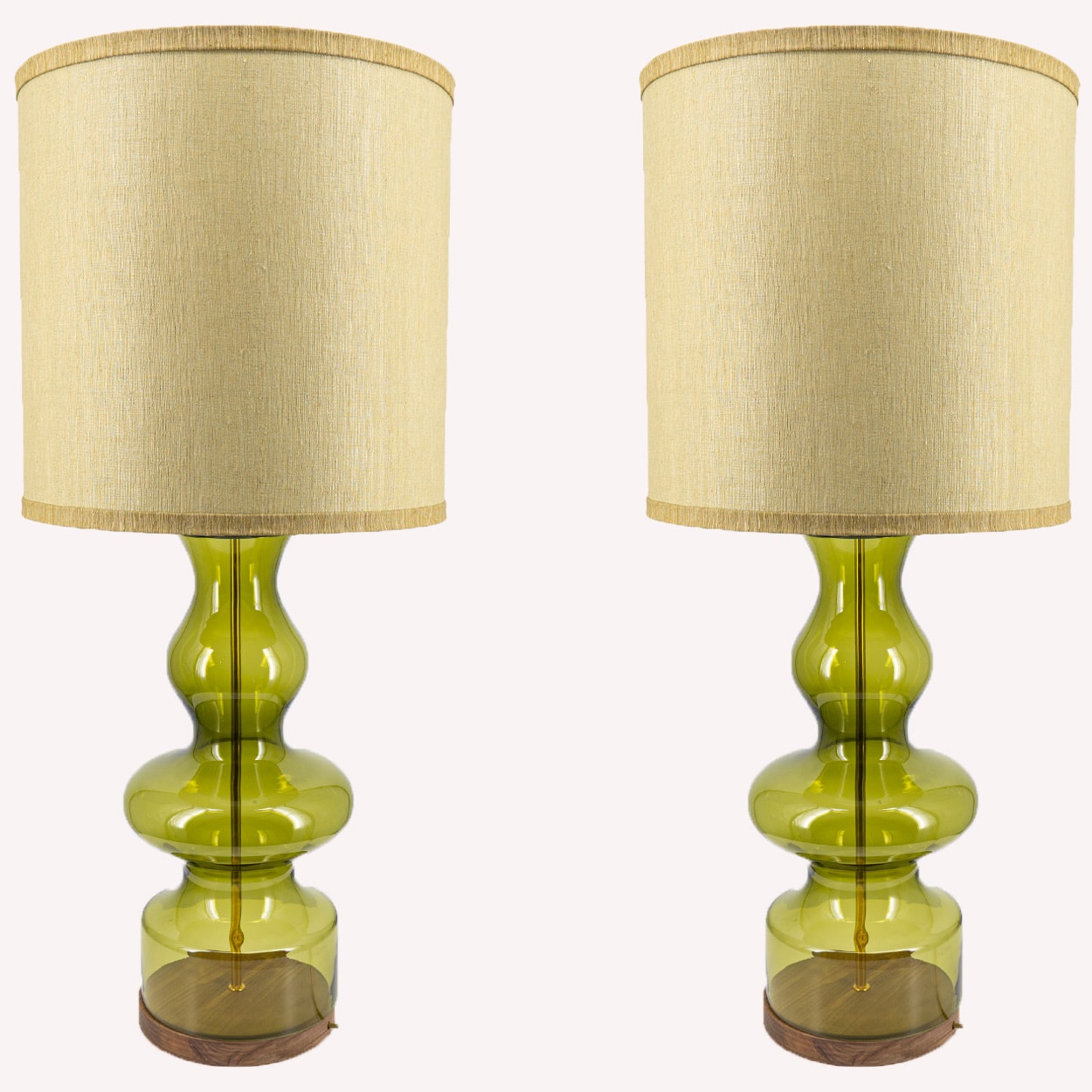 Several 2 XL Glass Green Shaped Table Lamps with Silk Lampshades R. Houben