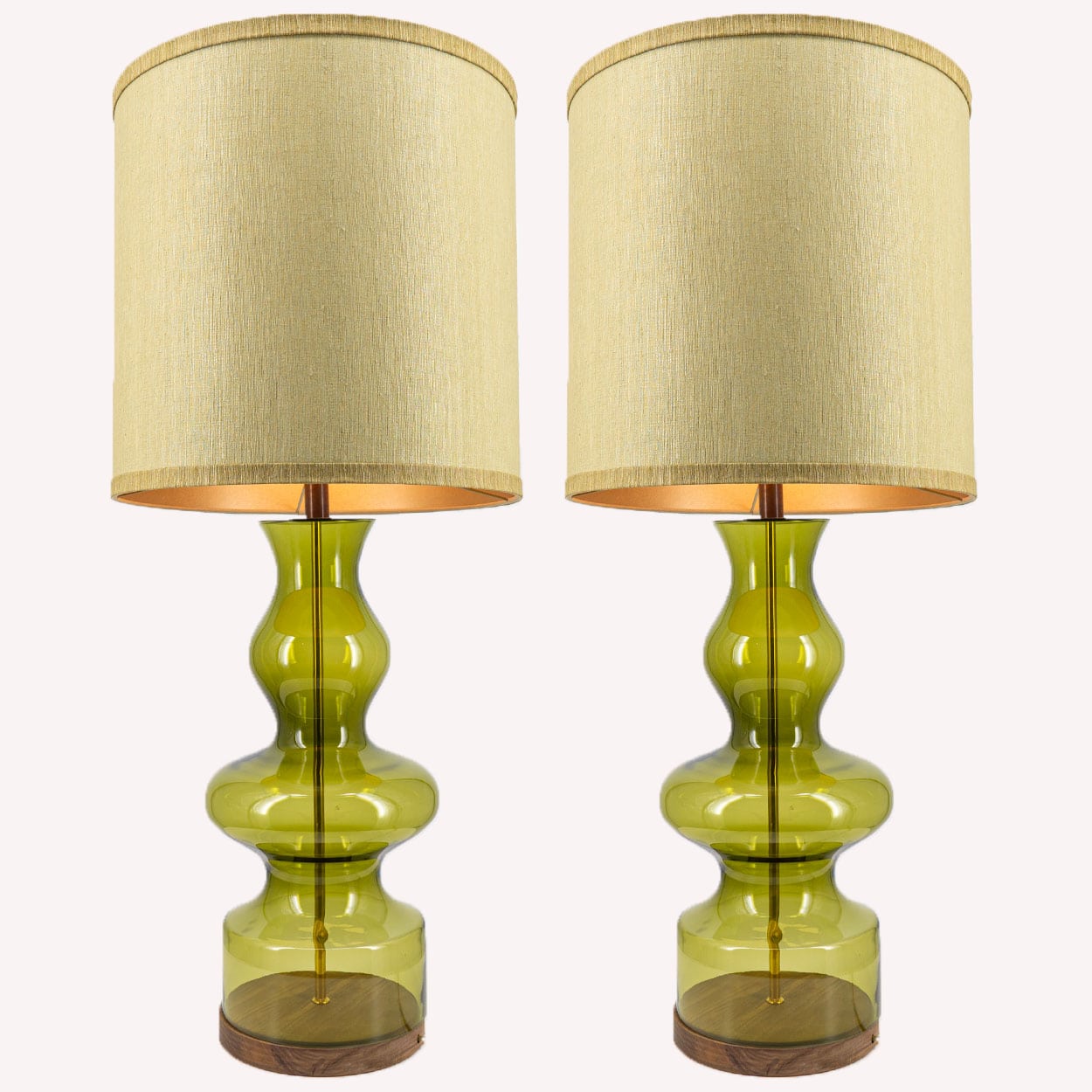 Several 2 XL Glass Green Shaped Table Lamps with Silk Lampshades R. Houben