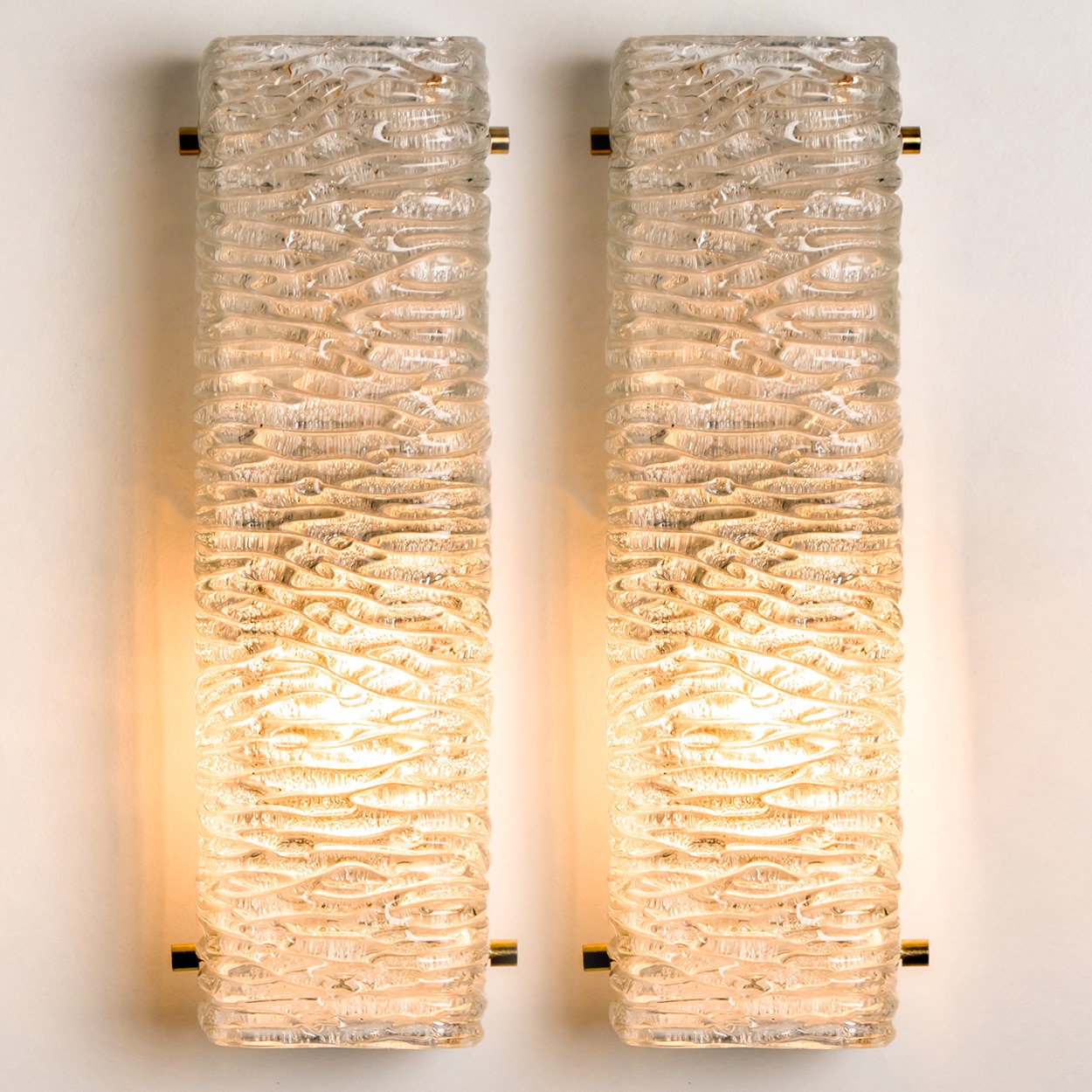 Several Large Structured Kaiser Wave Glass and Brass Wall Lights, 1970
