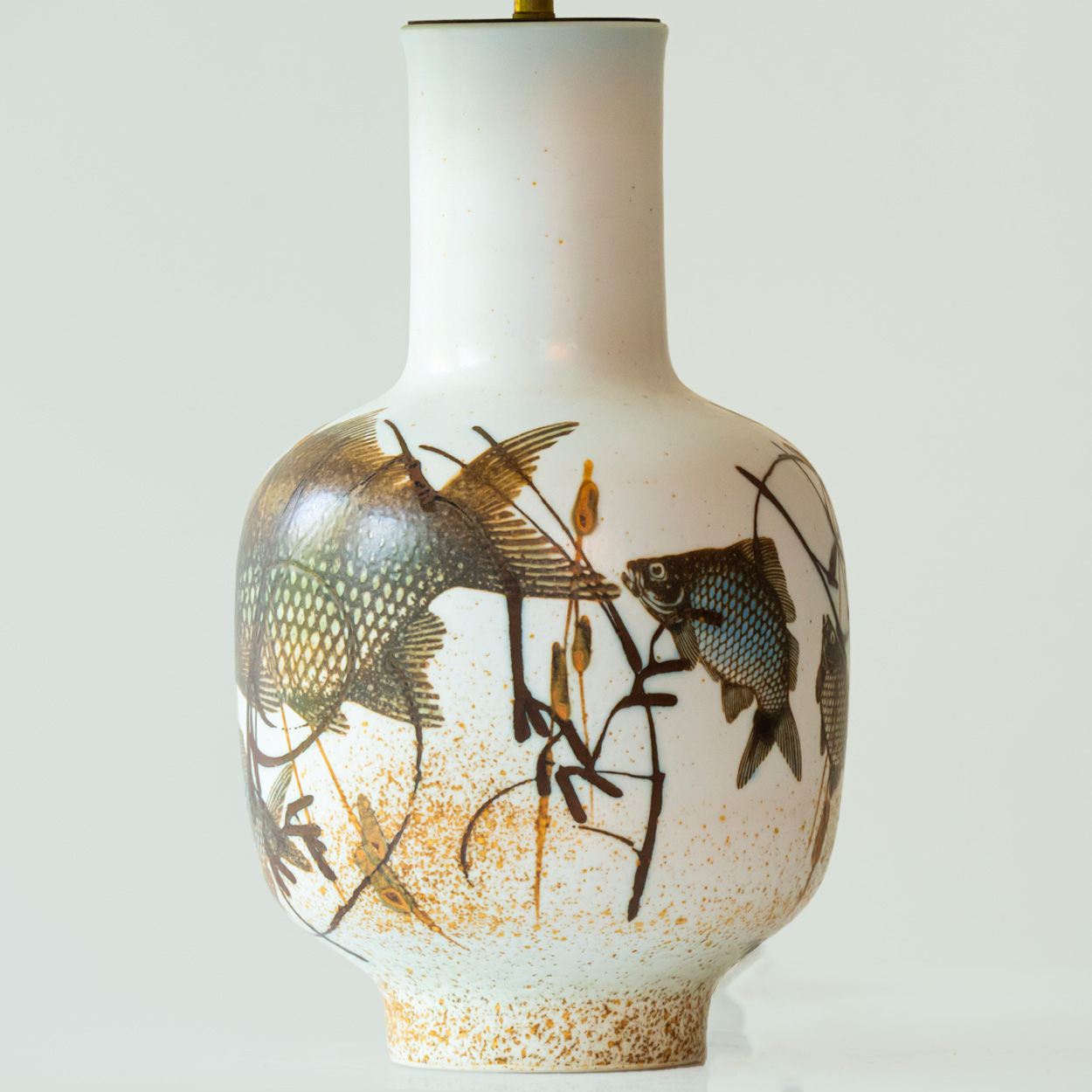 1 of the 2 Fish Motif Ceramic Floor Lamps with Rattan Lampshade by R. Houben