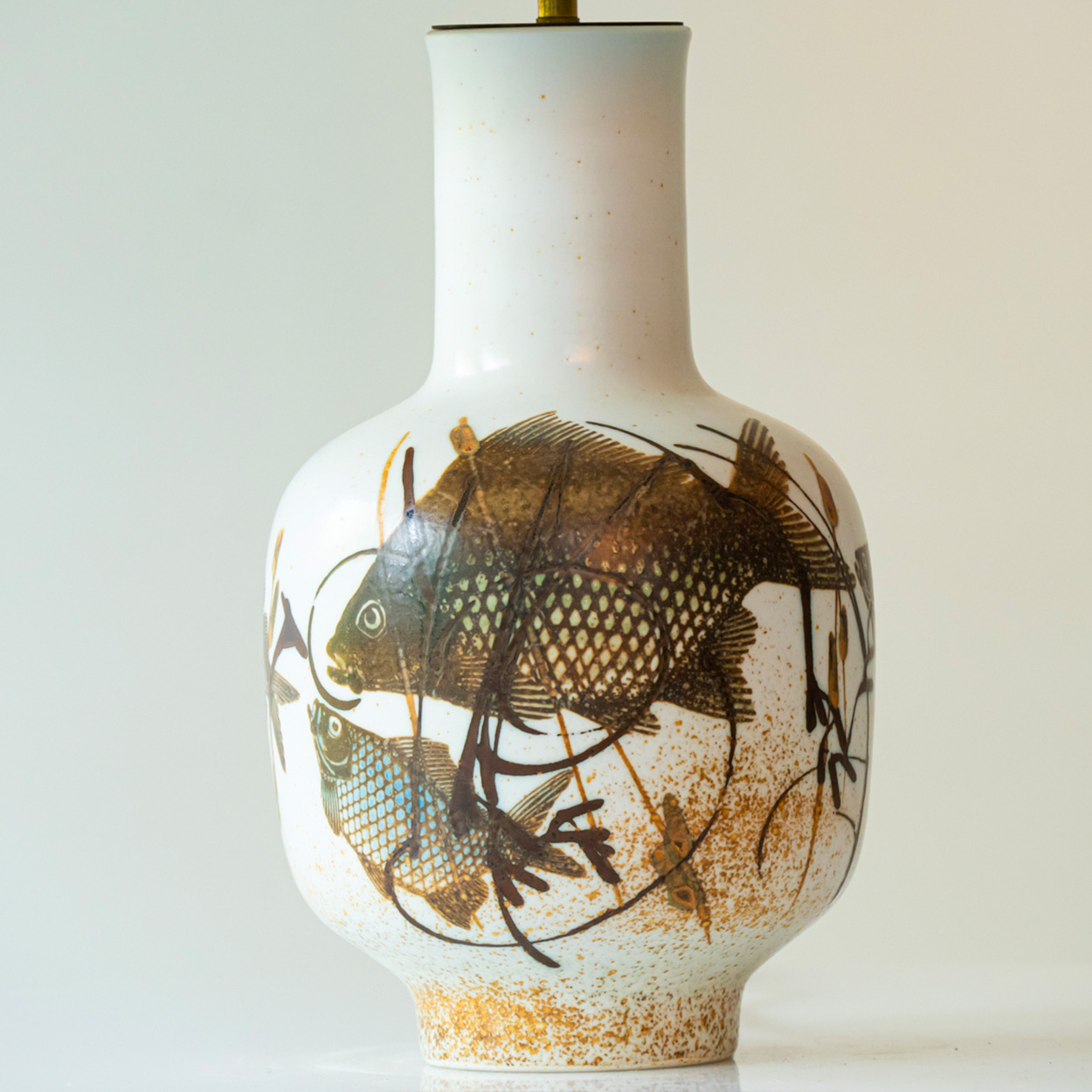 1 of the 2 Fish Motif Ceramic Floor Lamps with Rattan Lampshade by R. Houben