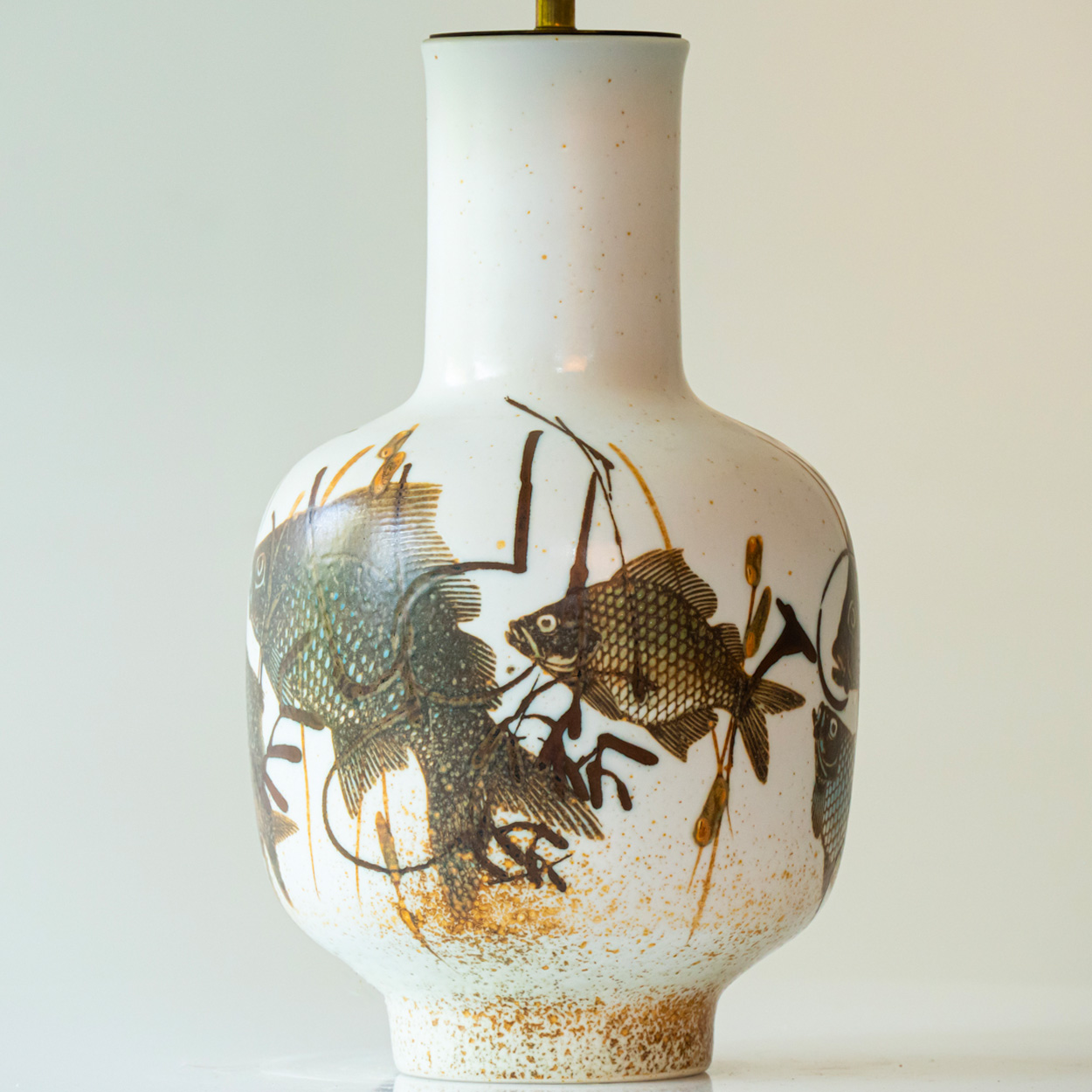 1 of the 2 Fish Motif Ceramic Floor Lamps with Rattan Lampshade by R. Houben