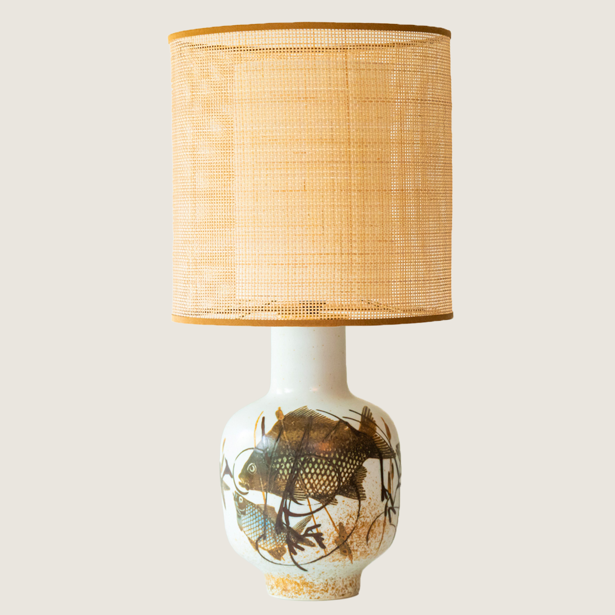 1 of the 2 Fish Motif Ceramic Floor Lamps with Rattan Lampshade by R. Houben
