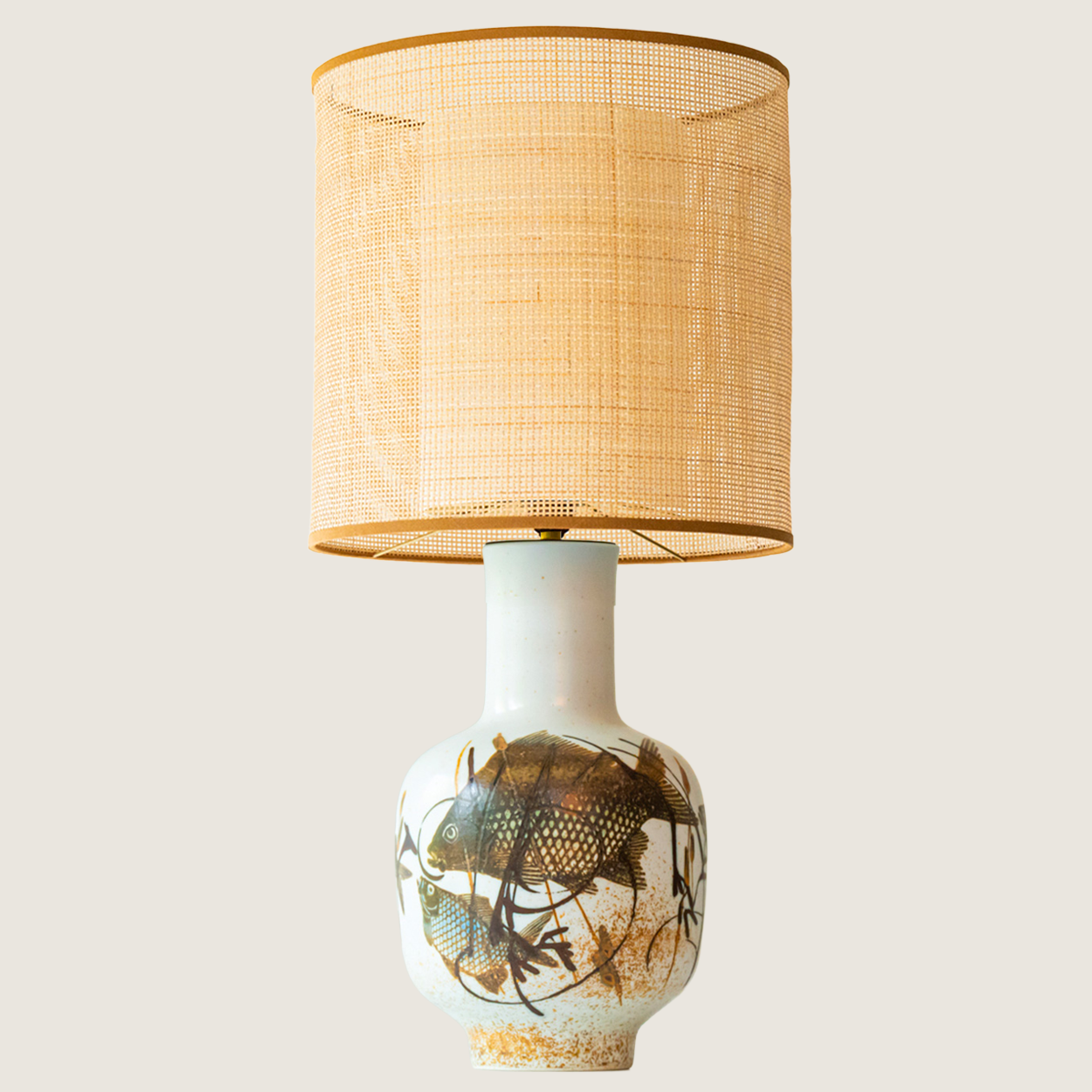 1 of the 2 Fish Motif Ceramic Floor Lamps with Rattan Lampshade by R. Houben