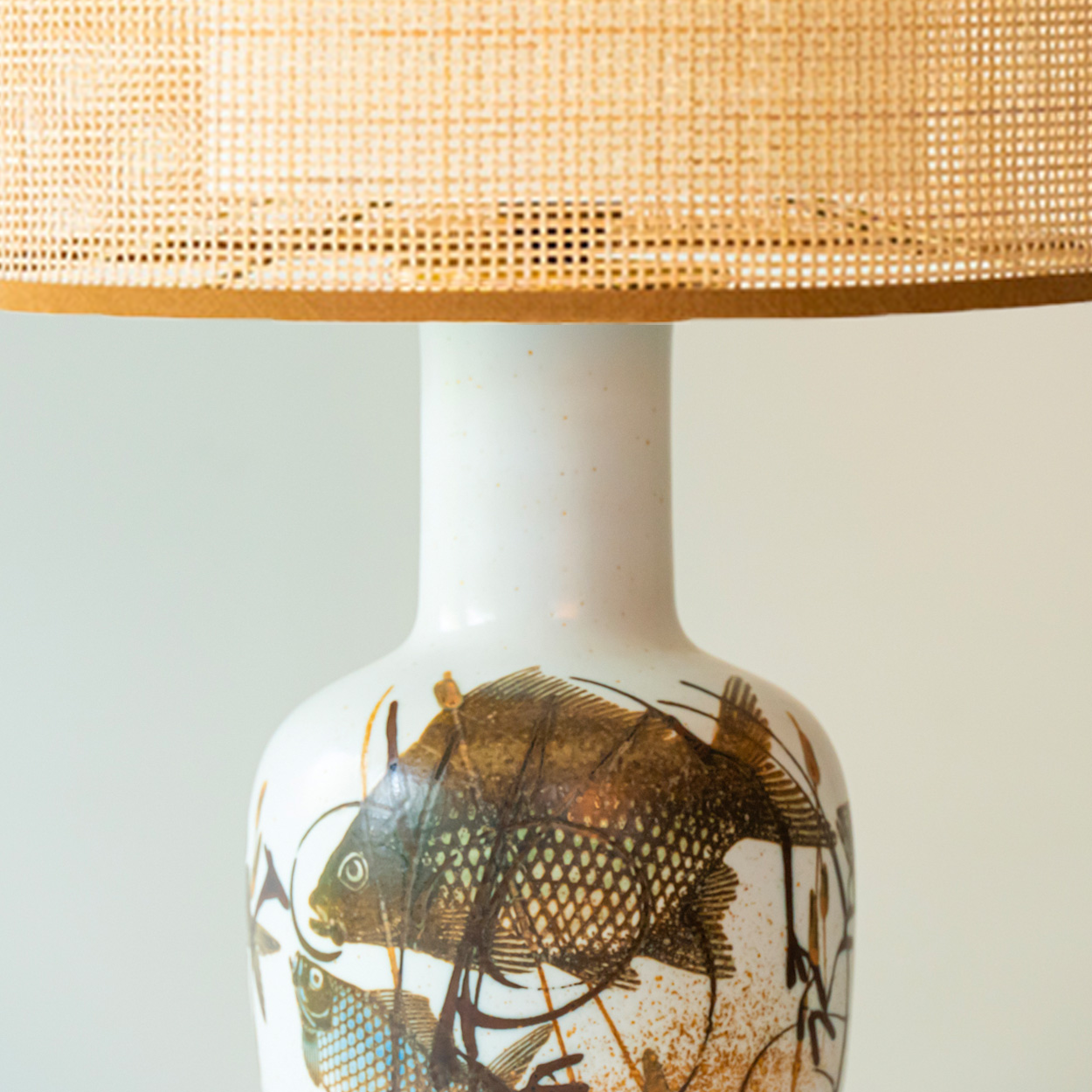 1 of the 2 Fish Motif Ceramic Floor Lamps with Rattan Lampshade by R. Houben