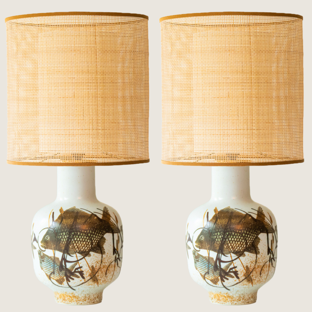 1 of the 2 Fish Motif Ceramic Floor Lamps with Rattan Lampshade by R. Houben