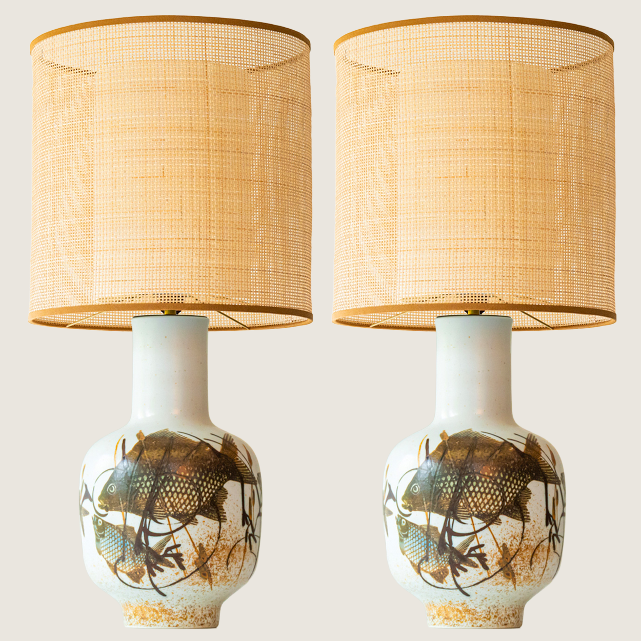 1 of the 2 Fish Motif Ceramic Floor Lamps with Rattan Lampshade by R. Houben