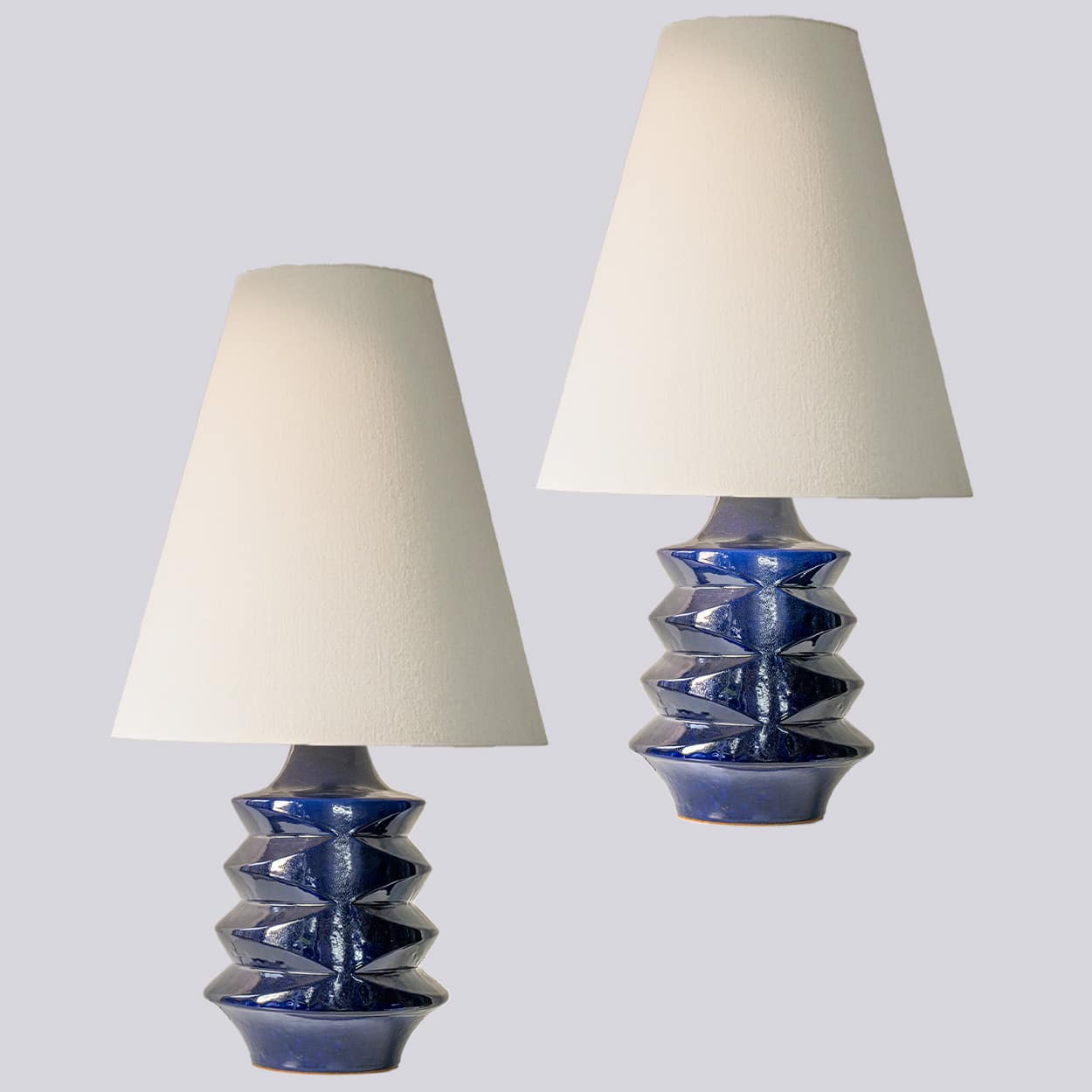 1 of the 2 Large Blue Glazed Ceramic Lamps, Custom Lampshade by R. Houben