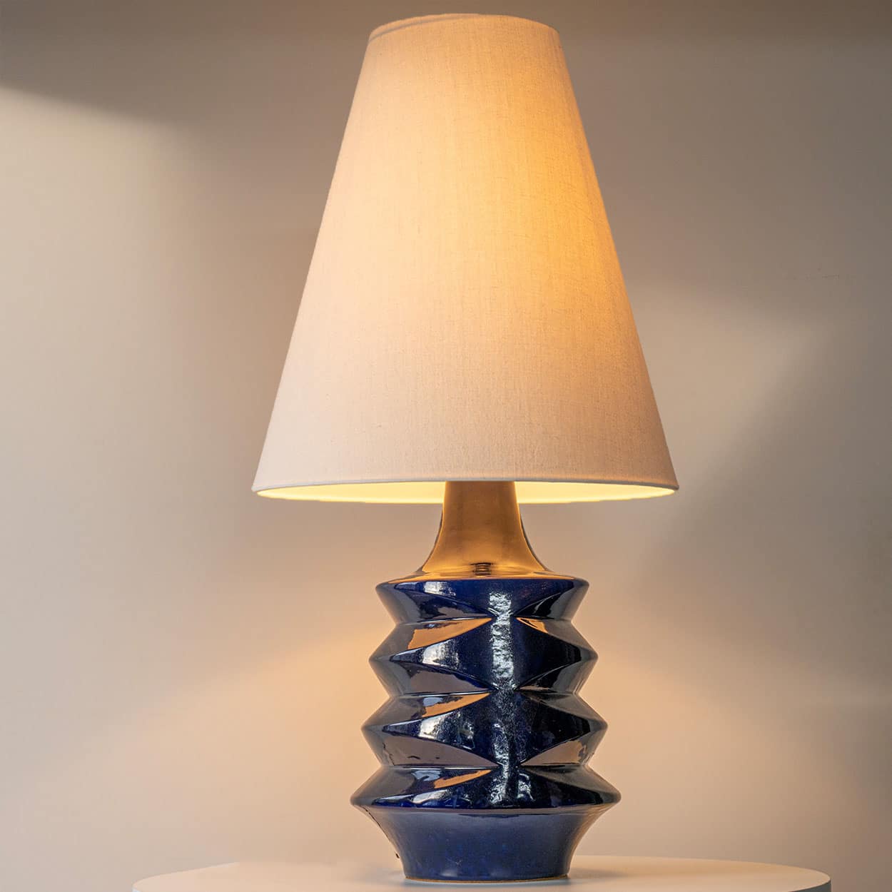 1 of the 2 Large Blue Glazed Ceramic Lamps, Custom Lampshade by R. Houben