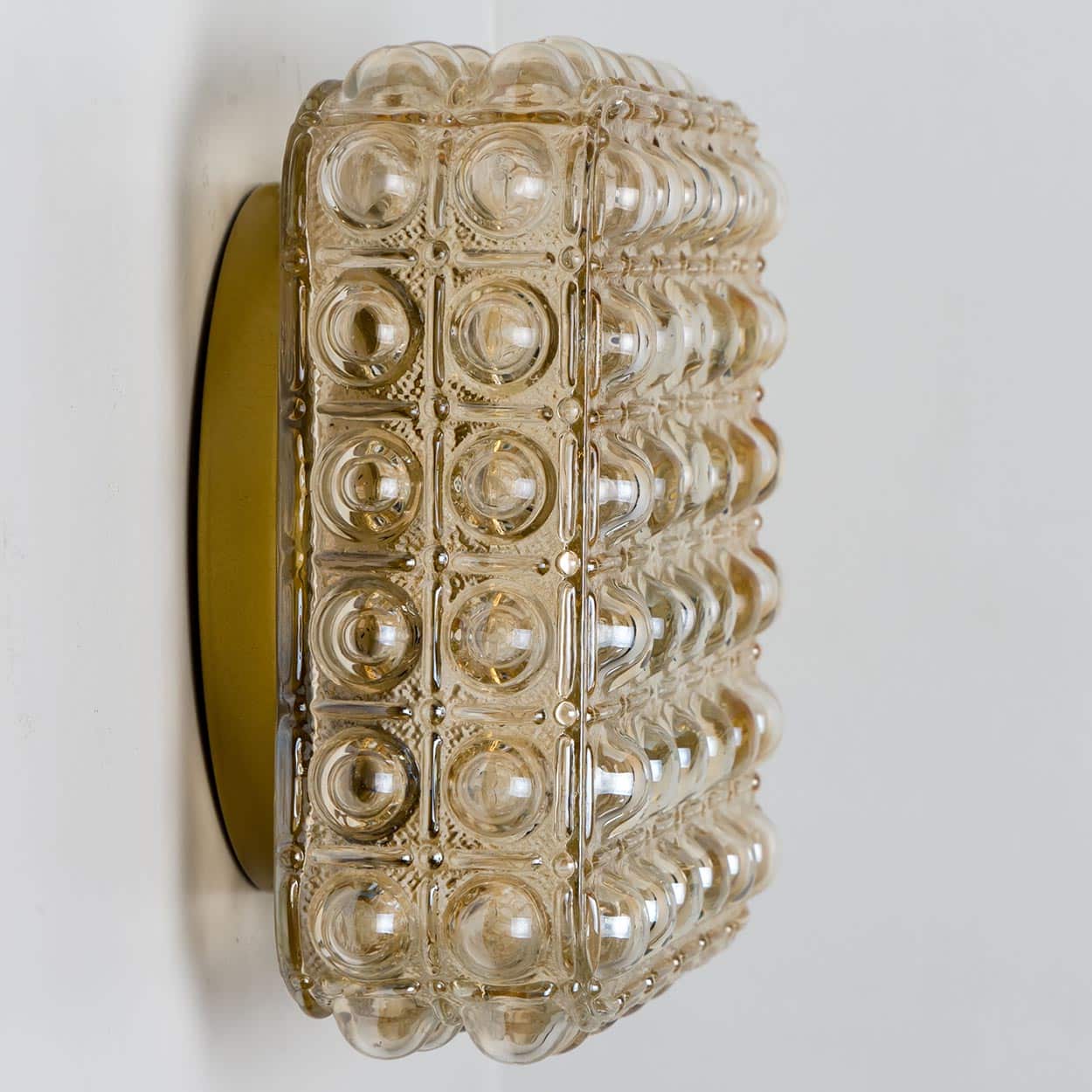 1 of the 2 Helena Tynell Brass and Clear Bubble Glass Flush Mounts, Germany 1960