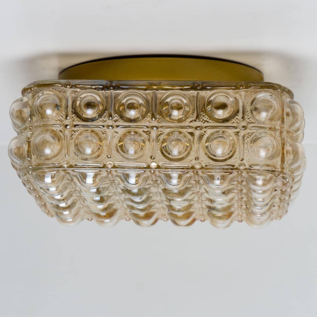 1 of the 2 Helena Tynell Brass and Clear Bubble Glass Flush Mounts, Germany 1960
