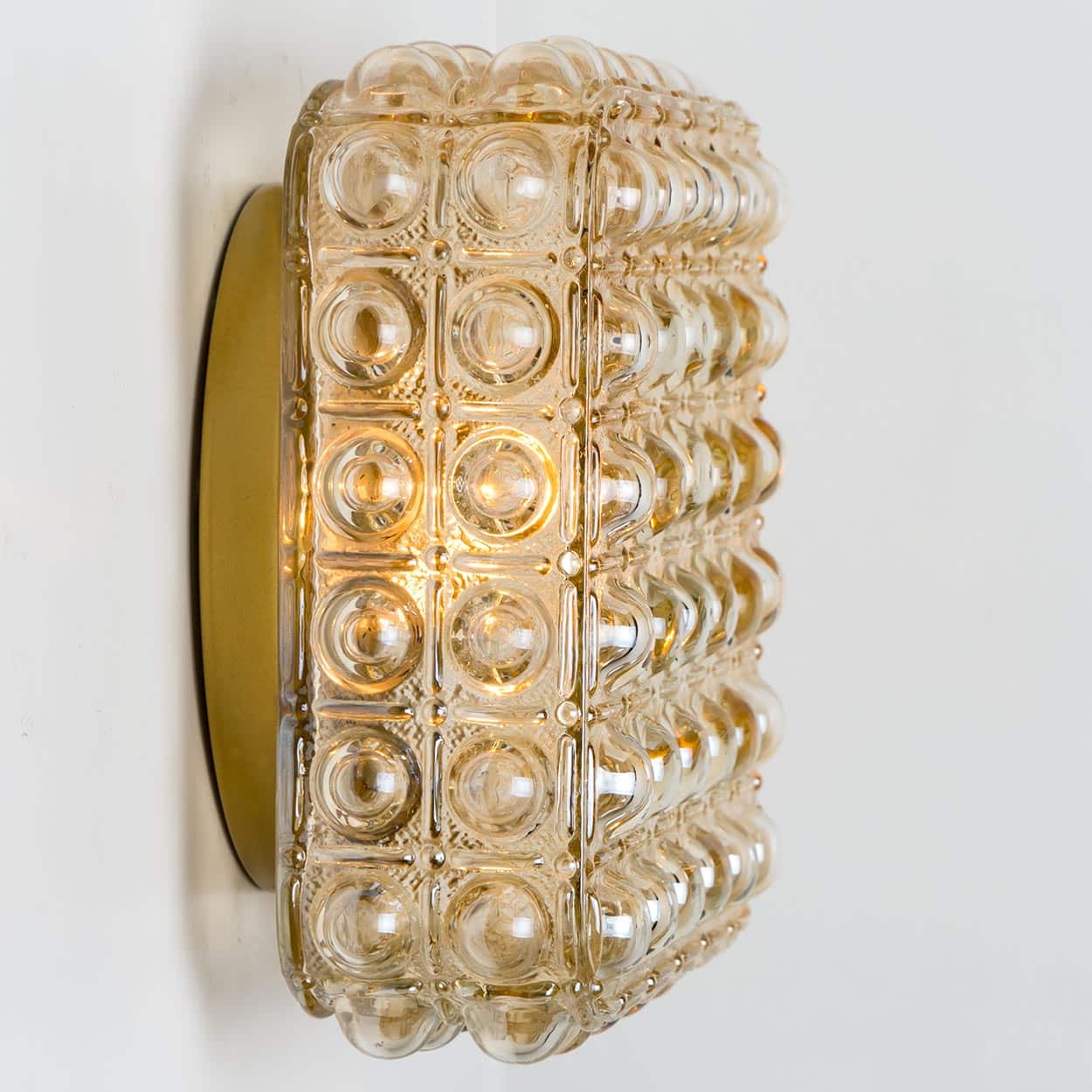 1 of the 2 Helena Tynell Brass and Clear Bubble Glass Flush Mounts, Germany 1960