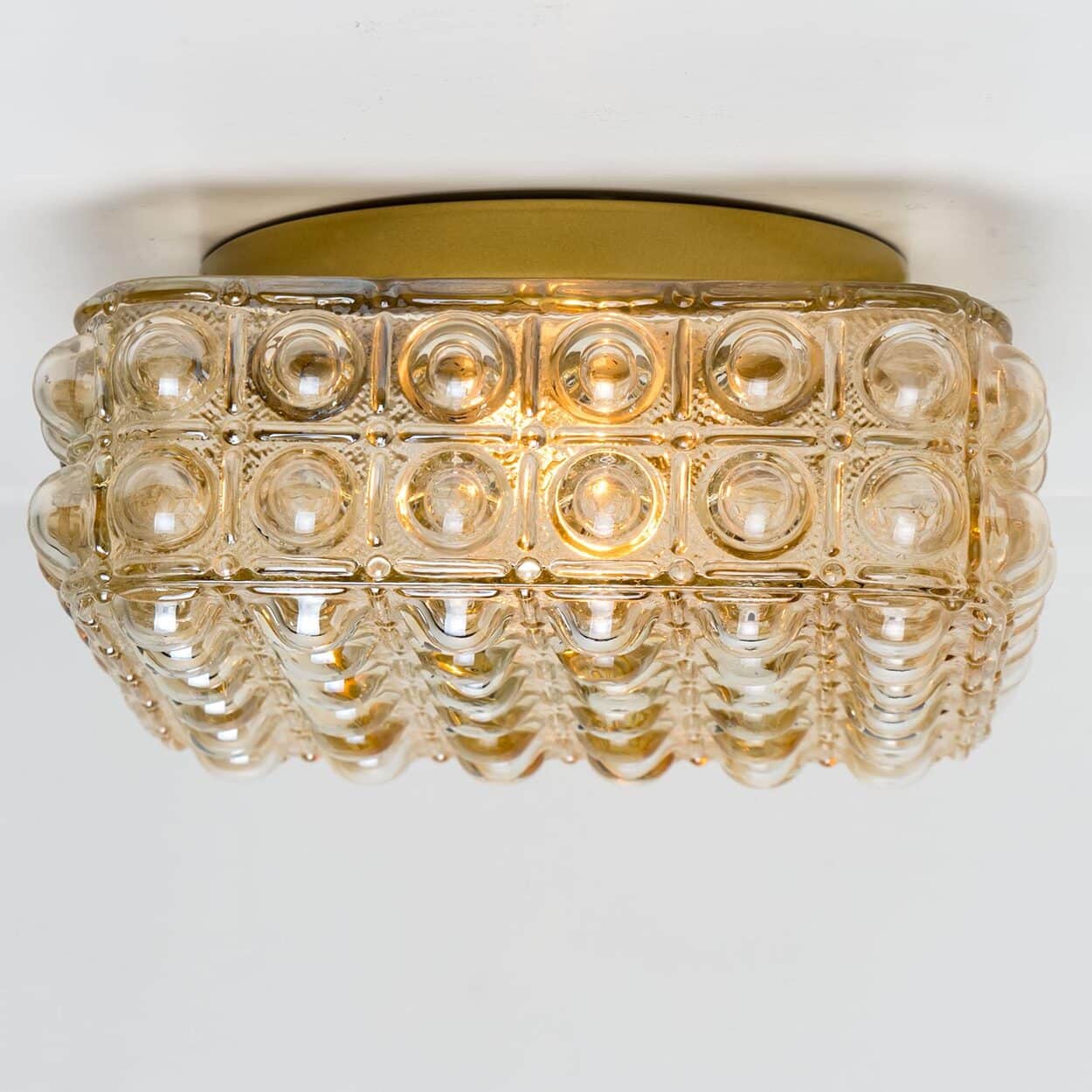 1 of the 2 Helena Tynell Brass and Clear Bubble Glass Flush Mounts, Germany 1960