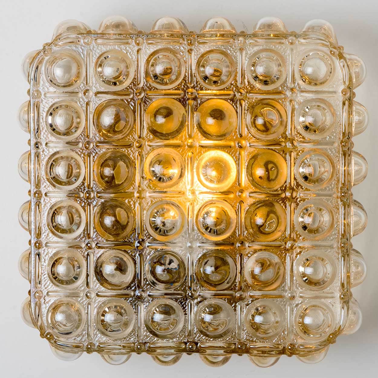 1 of the 2 Helena Tynell Brass and Clear Bubble Glass Flush Mounts, Germany 1960