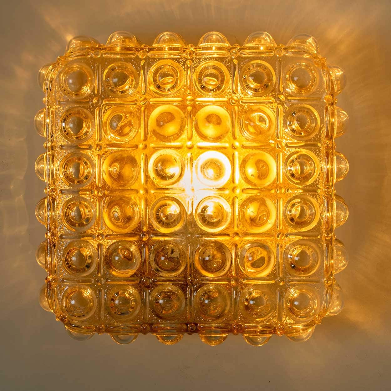 1 of the 2 Helena Tynell Brass and Clear Bubble Glass Flush Mounts, Germany 1960