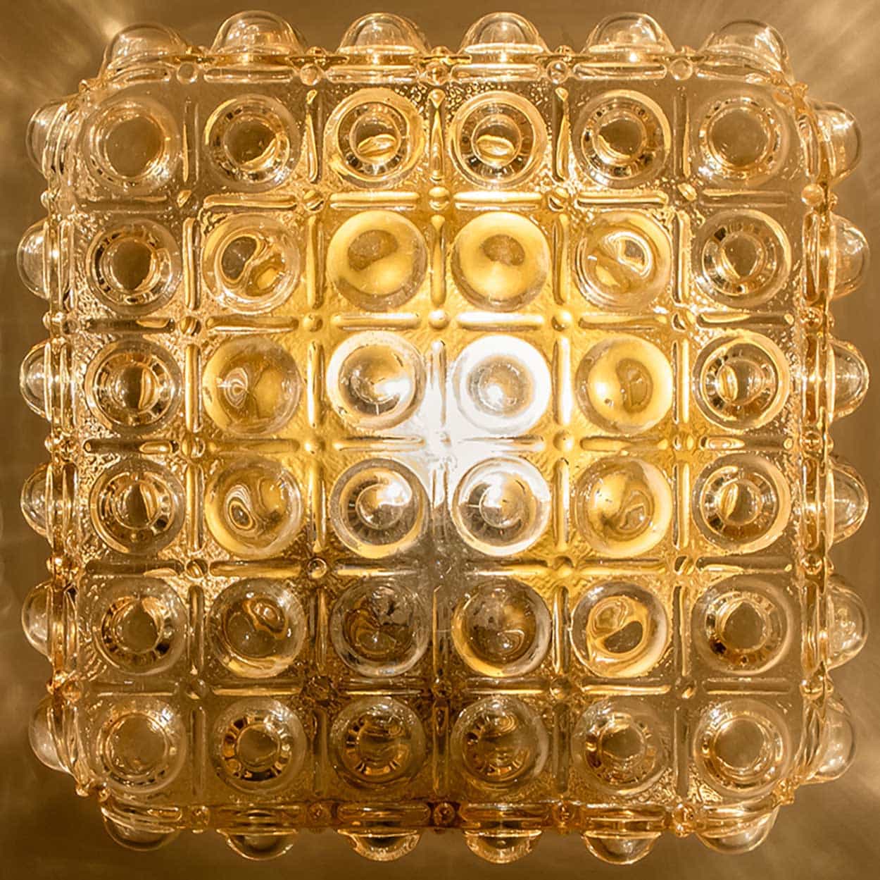 1 of the 2 Helena Tynell Brass and Clear Bubble Glass Flush Mounts, Germany 1960