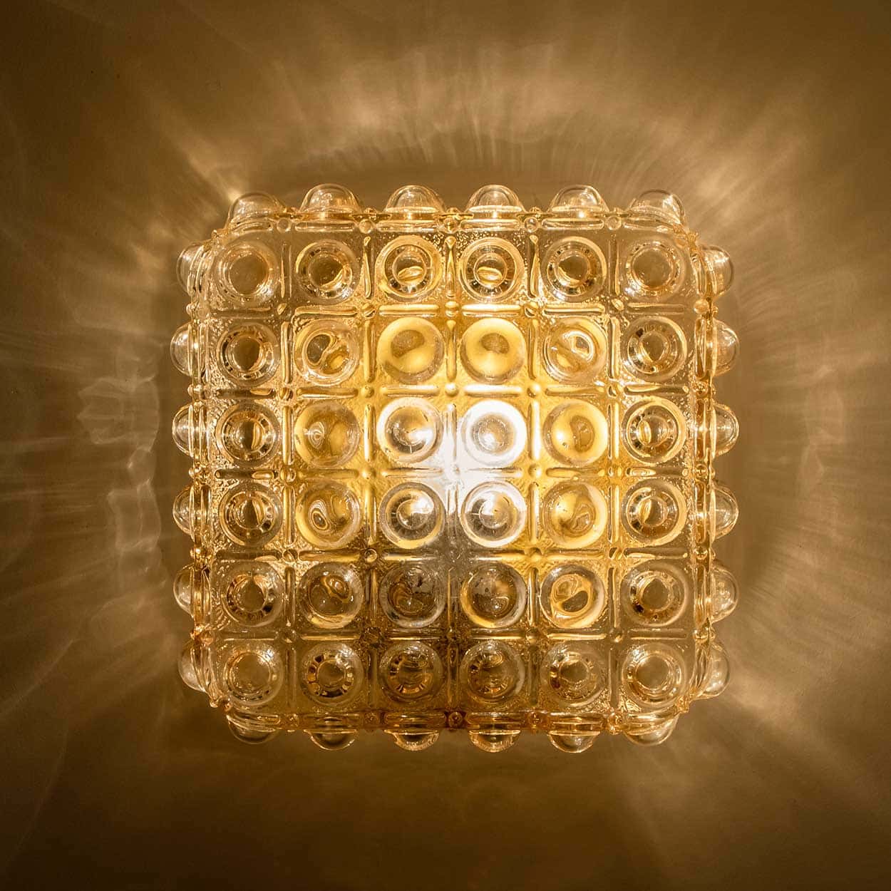 1 of the 2 Helena Tynell Brass and Clear Bubble Glass Flush Mounts, Germany 1960
