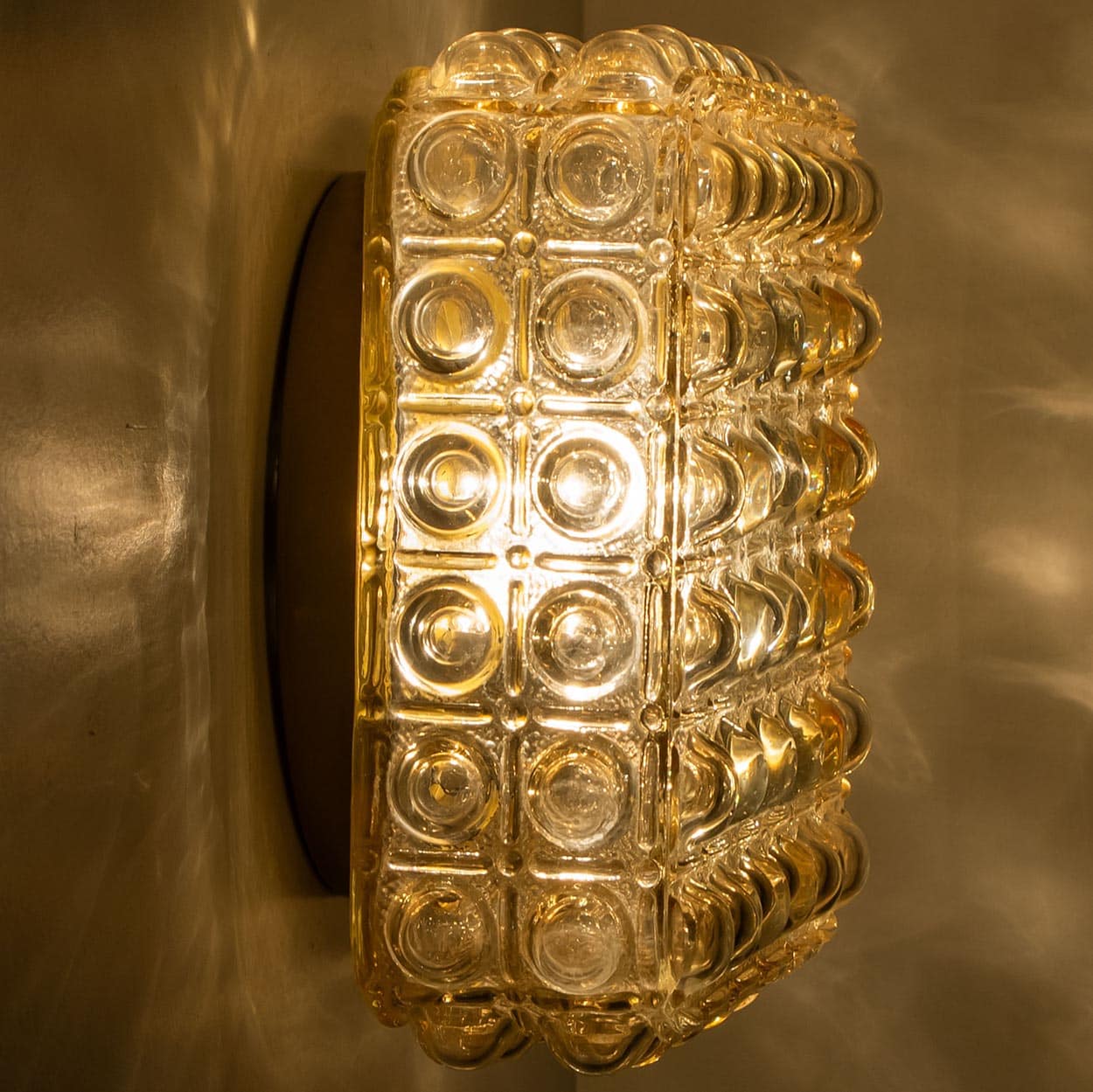 1 of the 2 Helena Tynell Brass and Clear Bubble Glass Flush Mounts, Germany 1960