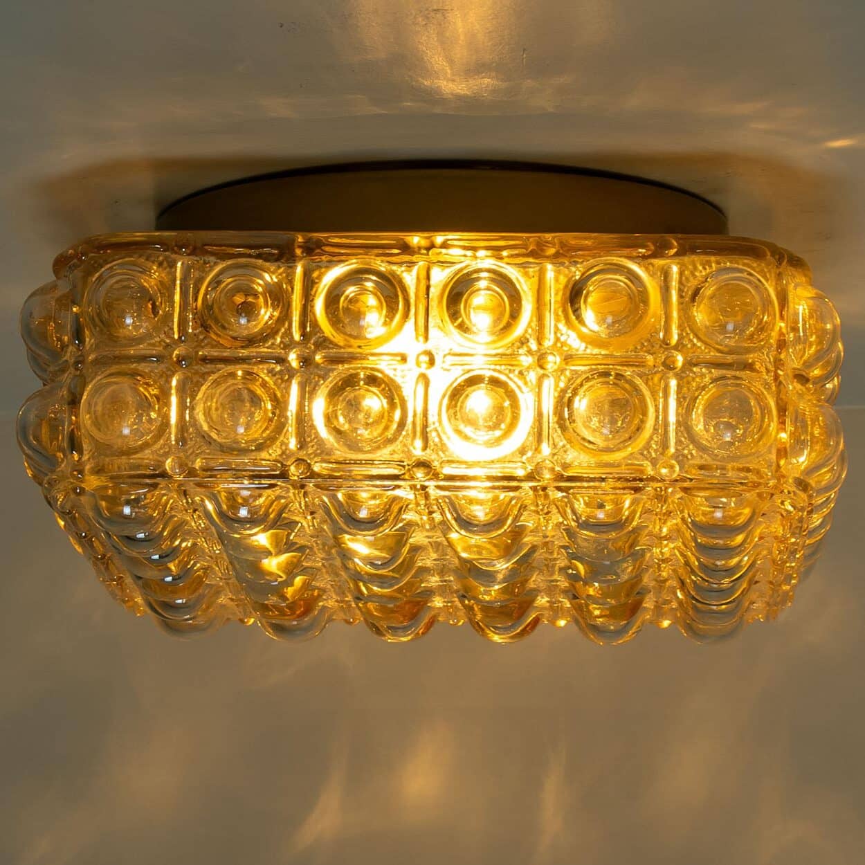 1 of the 2 Helena Tynell Brass and Clear Bubble Glass Flush Mounts, Germany 1960