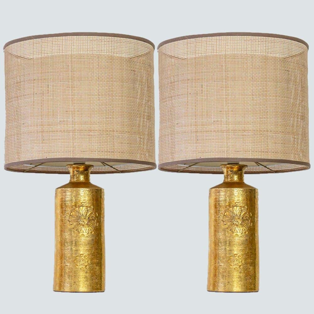 1 of the 2 Bitossi Gold Ceramic Lamps, Rattan Double Lampshade by R. Houben